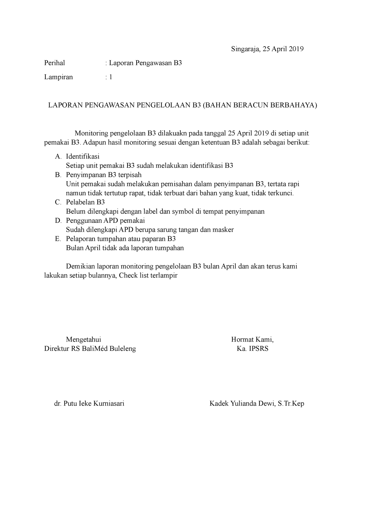 Laporan Pengawasan B3 - Singaraja, 25 April 2019 Perihal : Laporan ...