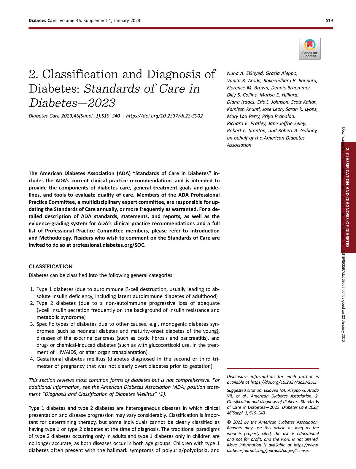 Classification and Diagnosis of Diabetes Standards of Care in Diabete S