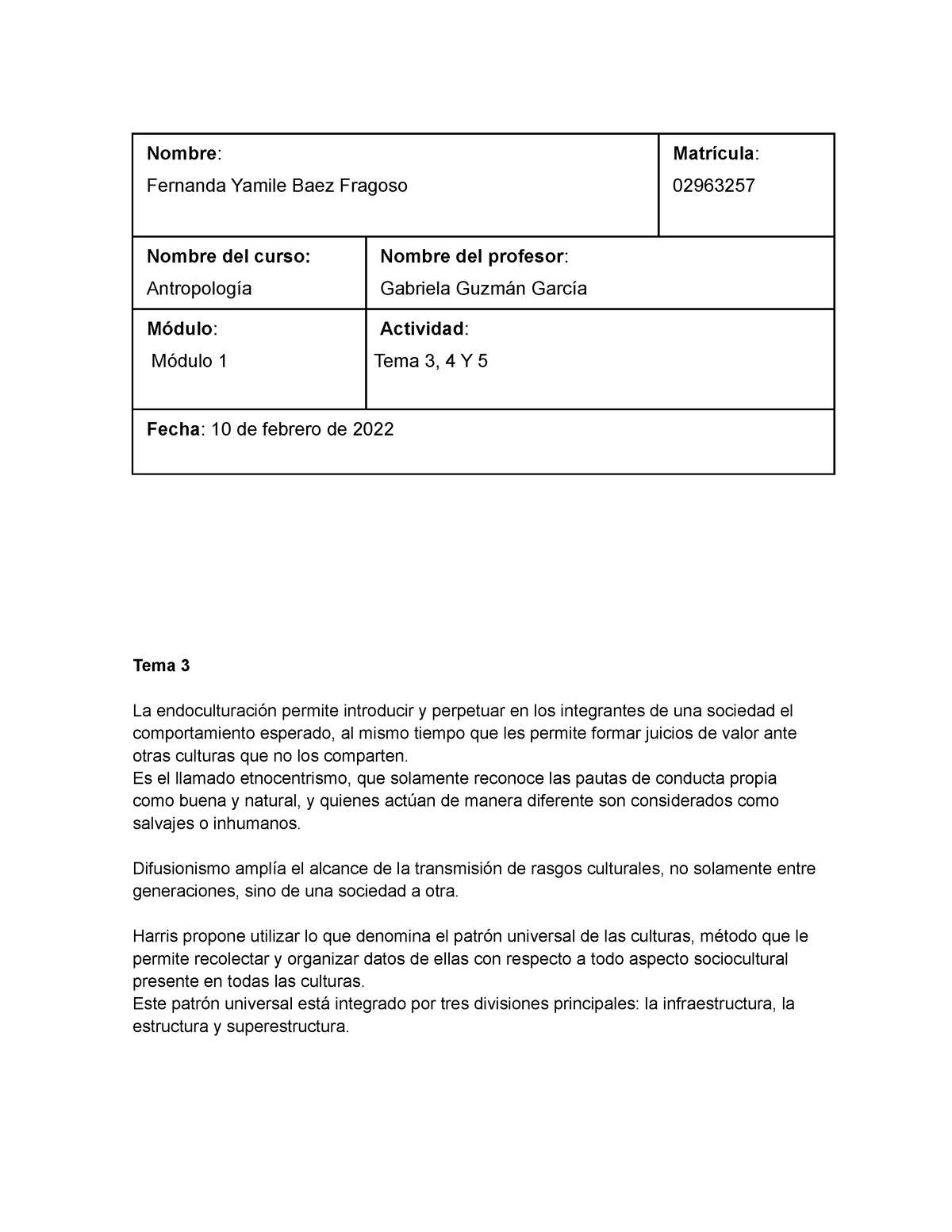 Antropologia 1 - tarea 1 - Nombre : Fernanda Yamile Baez Fragoso ...