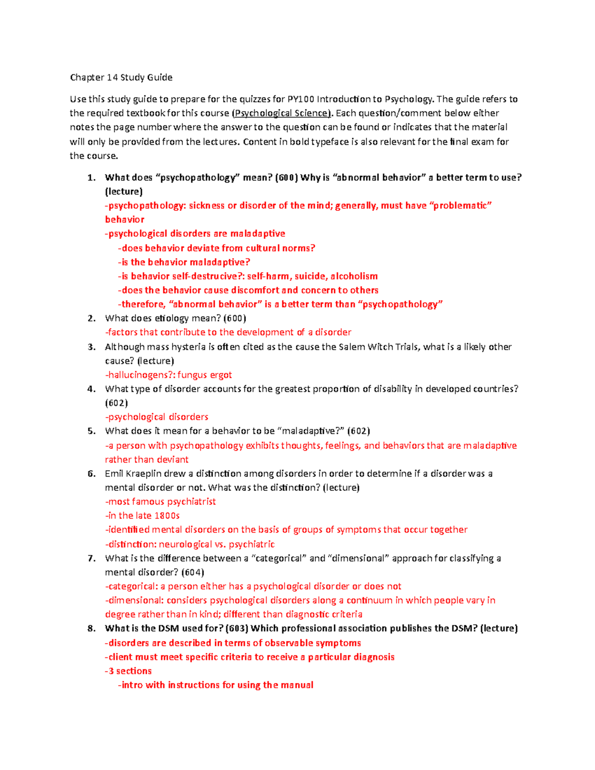 Chapter 14 Study Guide, Psychology - Chapter 14 Study Guide Use This ...