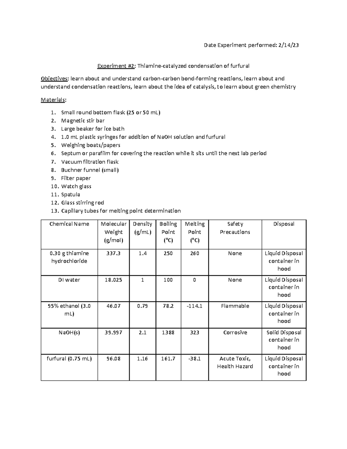 Ochem 2 Lab 2 Pre Lab Most Recent Lab Work Date Experiment Performed 2 14 Experiment 2 Ochem 2 Lab 2 Pre Lab Most Recent Lab Work Date Experiment Performed 2 14 Experiment 2