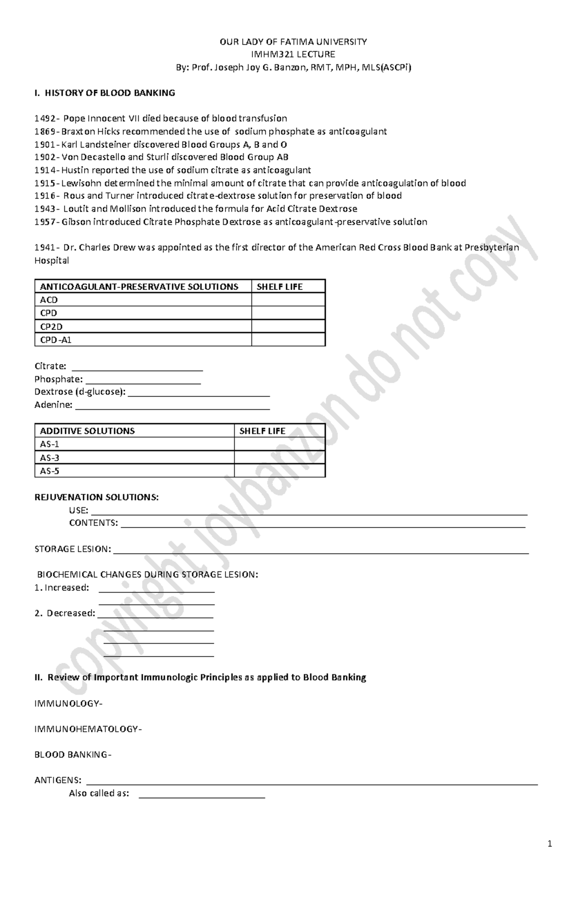 IMHM321 Lecture- Study Guide ( Intro AND History OF Blood BANK UP TO RH ...