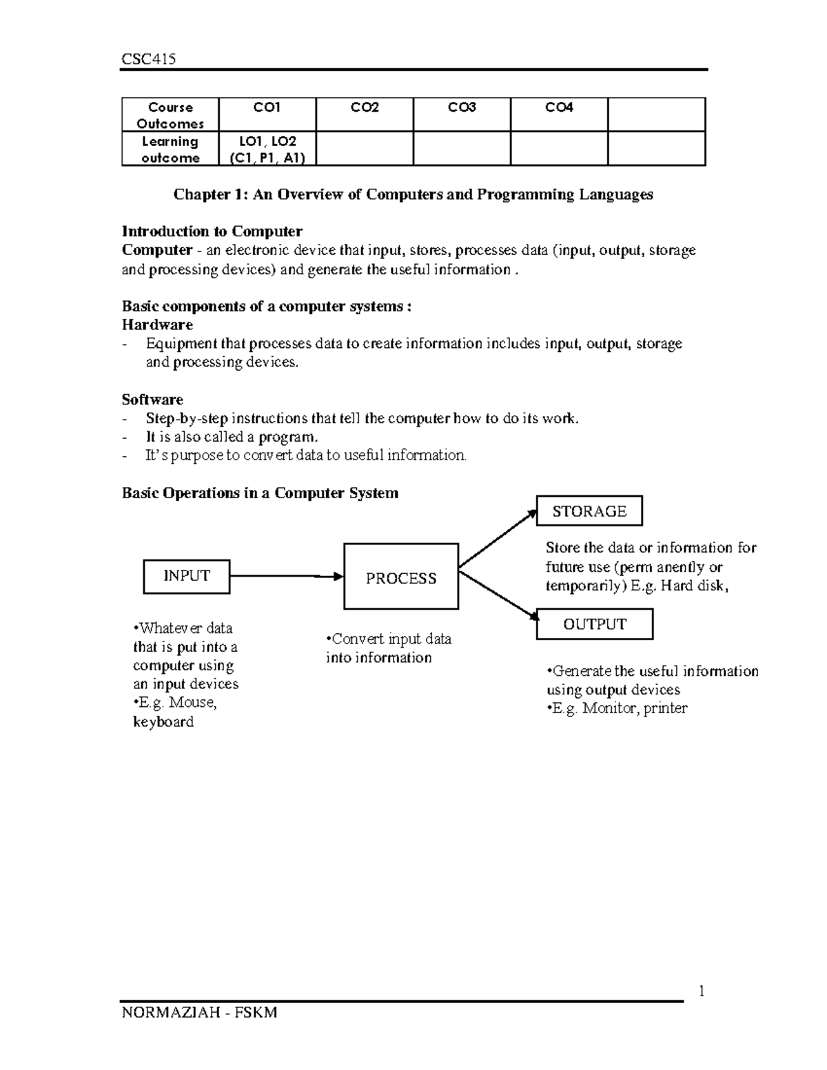 Chapter 1 - chap 1 - 1 Course Outcomes CO1 CO2 CO3 CO Learning outcome ...