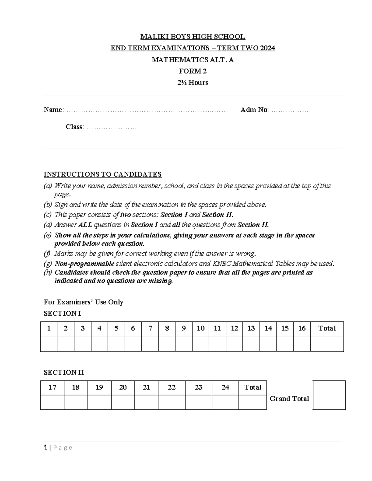 2023 Mathematics F2 QS T2 Exam Teacher - MALIKI BOYS HIGH SCHOOL END ...