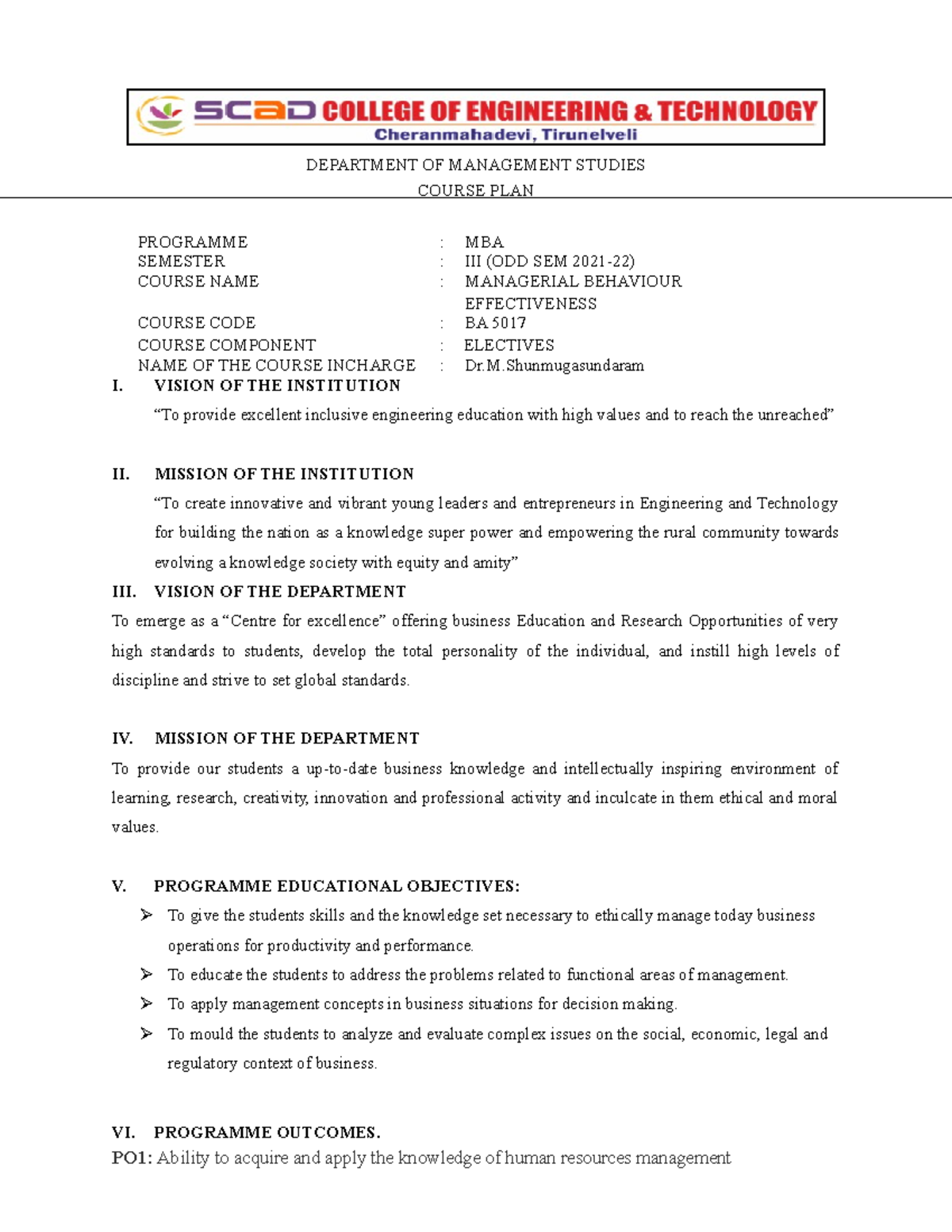 MBE Course PLAN - Lecture notes 8 - DEPARTMENT OF MANAGEMENT STUDIES ...