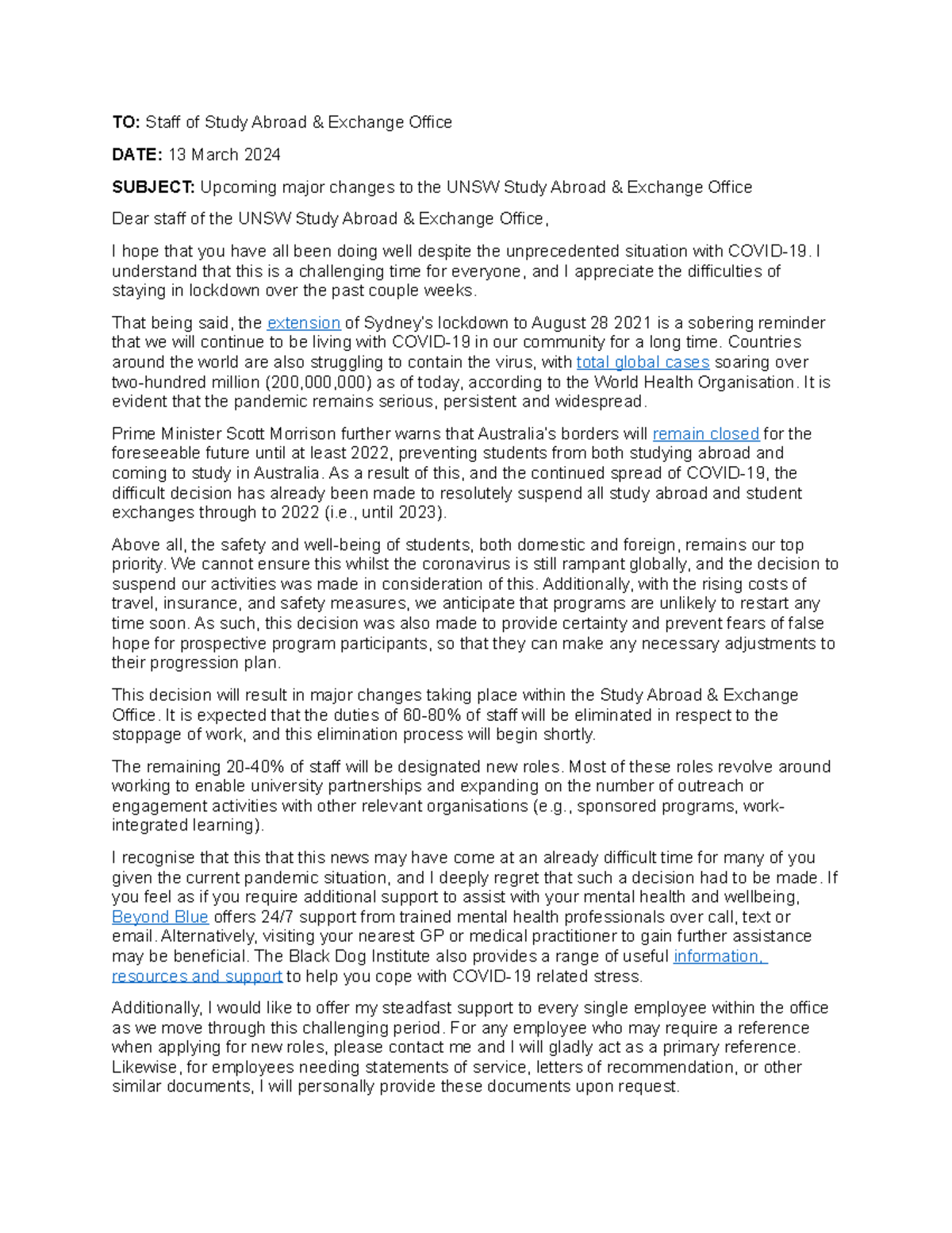 MGMT2002 Negative News Memo - DN Grade - T2 2021 - TO: Staff of Study ...