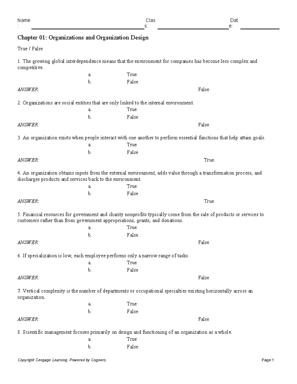 Test Bank Chapter 01 - : S: E: Chapter 01: Organizations And ...