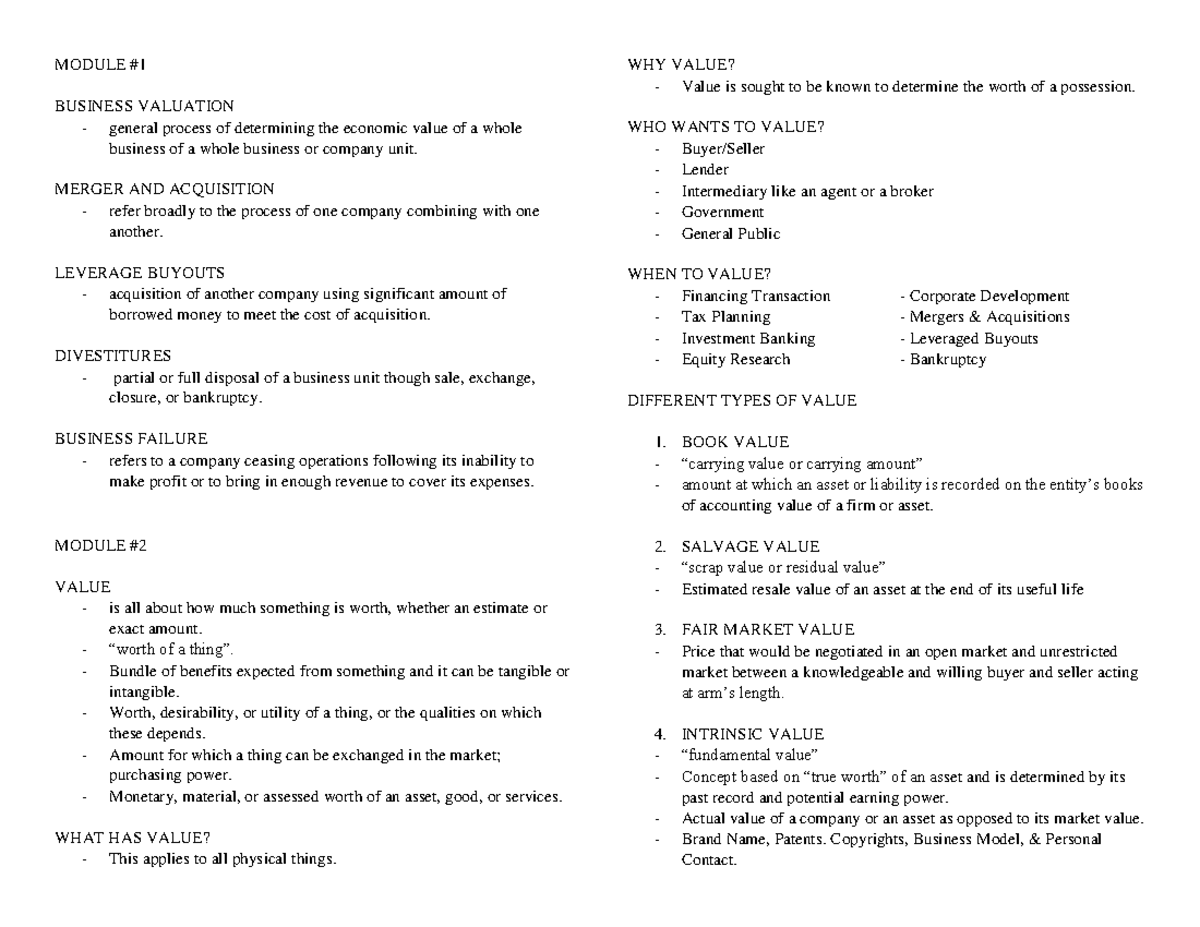 Reviewer - ACC 150 - ASDFGHJKL - MODULE BUSINESS VALUATION general ...