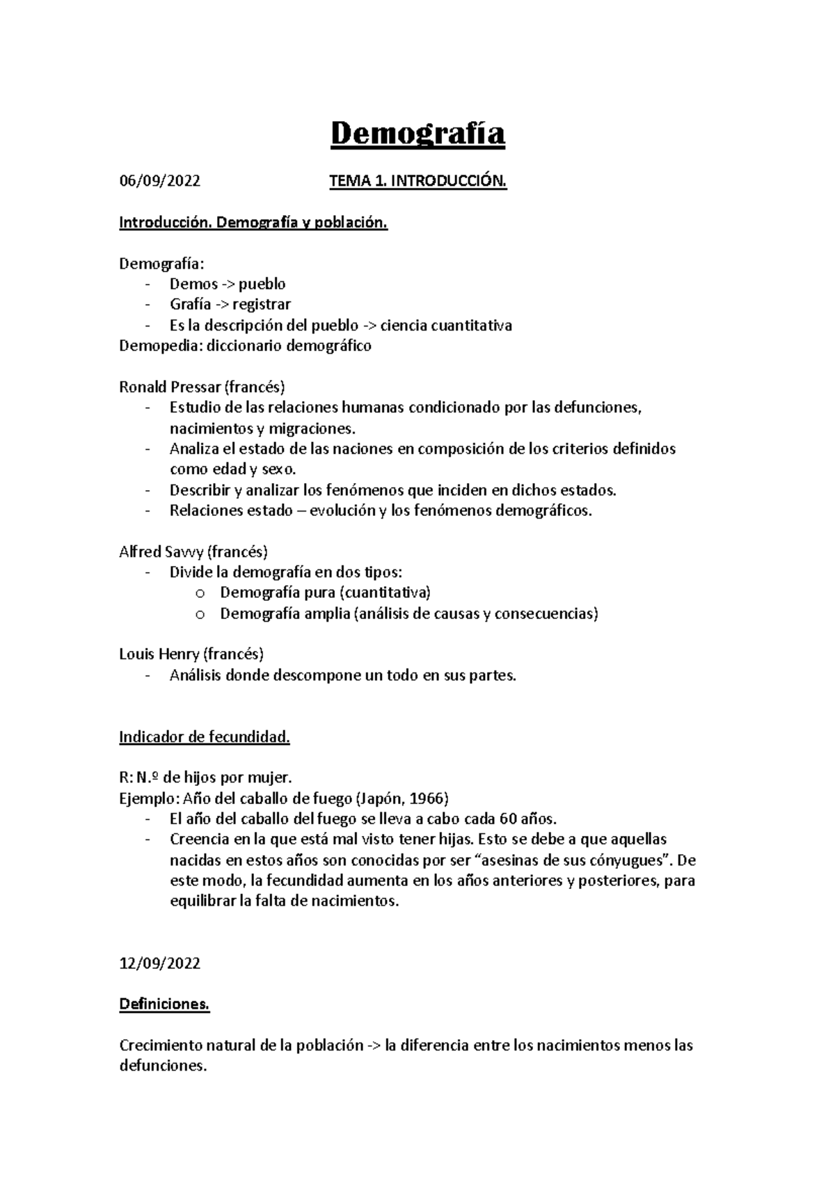 Demografía Apuntes - Demografía - Demografía 06/09/2022 TEMA 1 ...