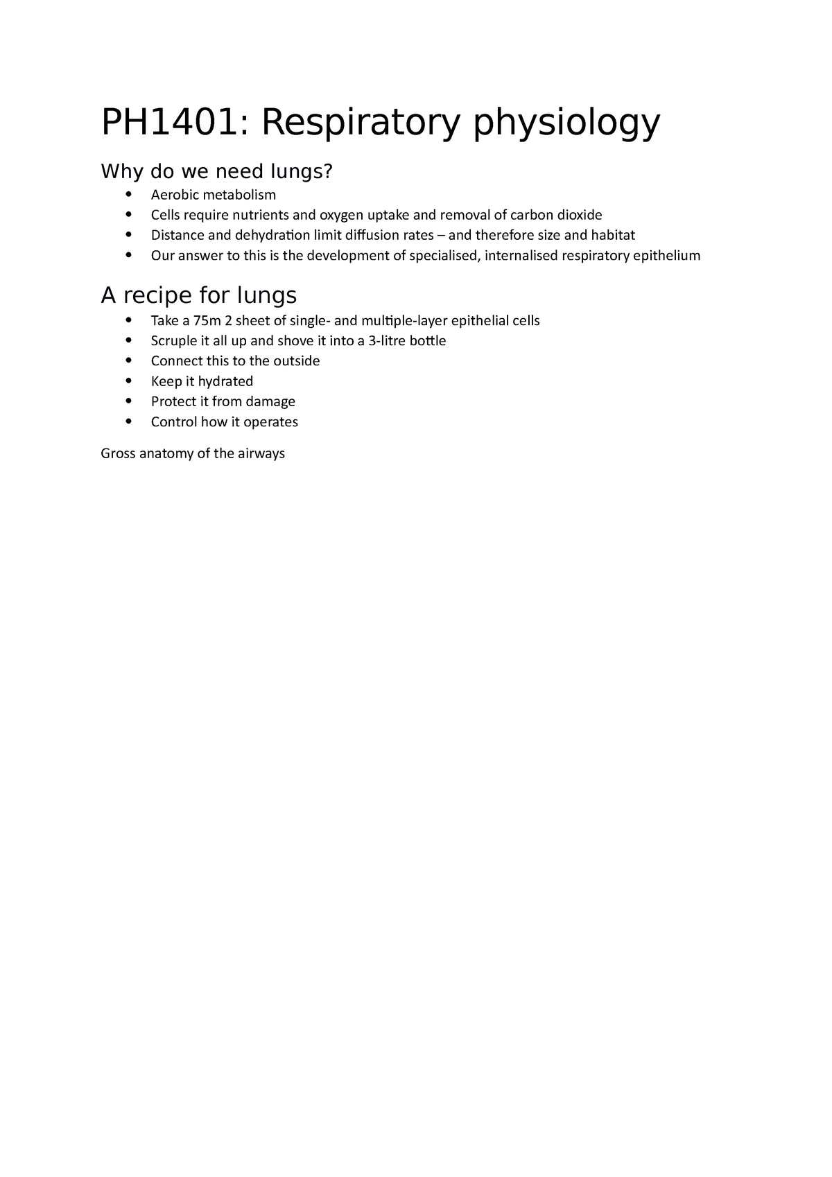 Respiration 1 - Lecture notes 28 - PH1401: Respiratory physiology Why ...