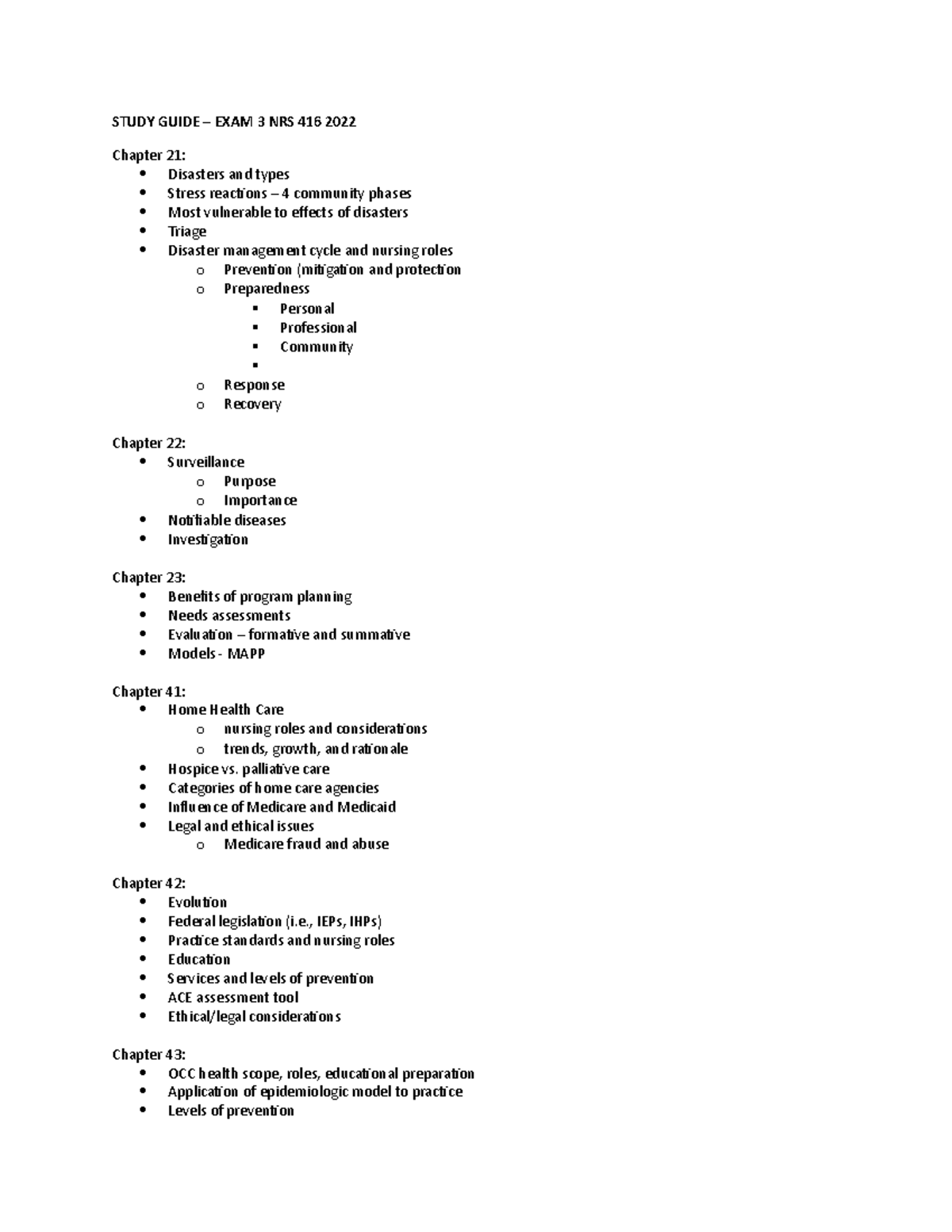 Study Guide - Exam 3 FA22 - STUDY GUIDE – EXAM 3 NRS 416 2022 Chapter ...