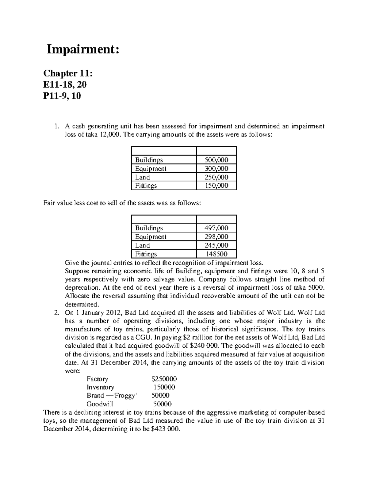 Math Impairment - Impairment: Chapter 11: E11- 18 , 20 P11-9, 10 A cash ...