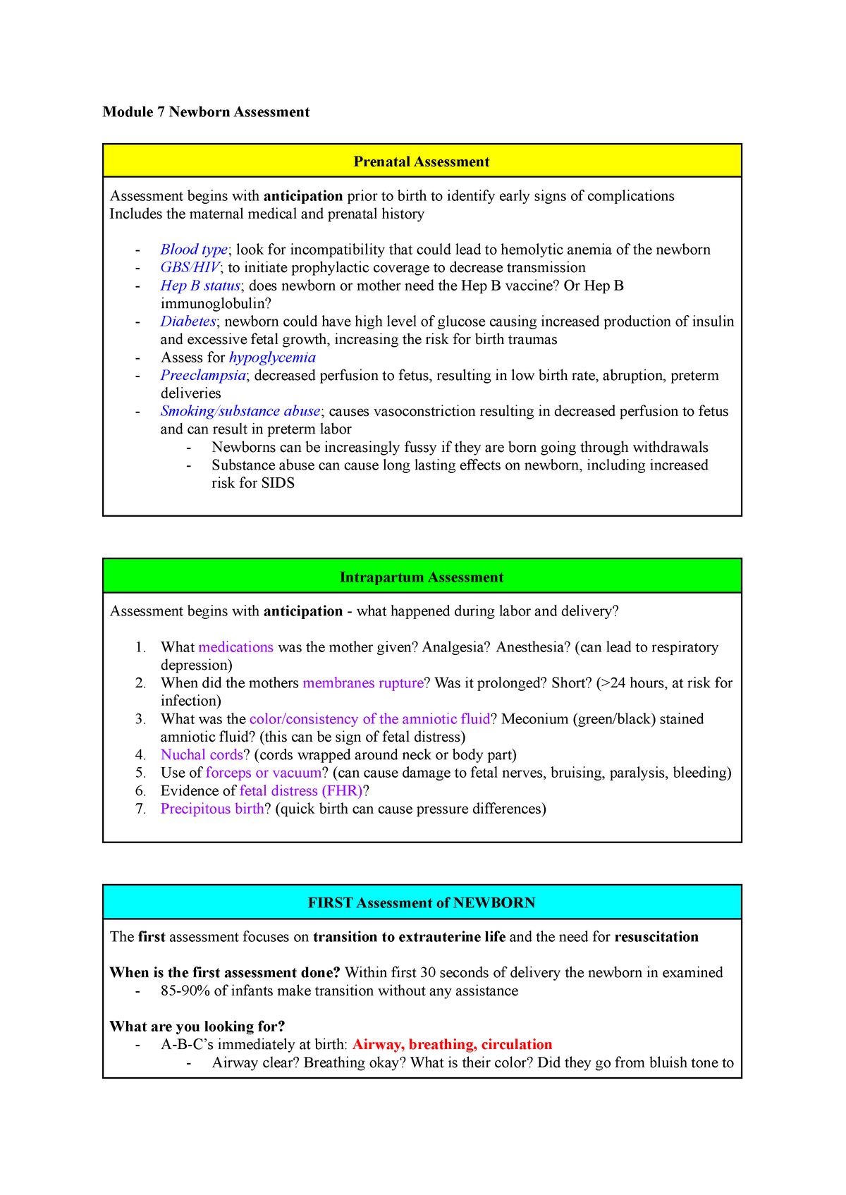 NRSG 3302 Module 7 Notes - Module 7 Newborn Assessment Prenatal ...