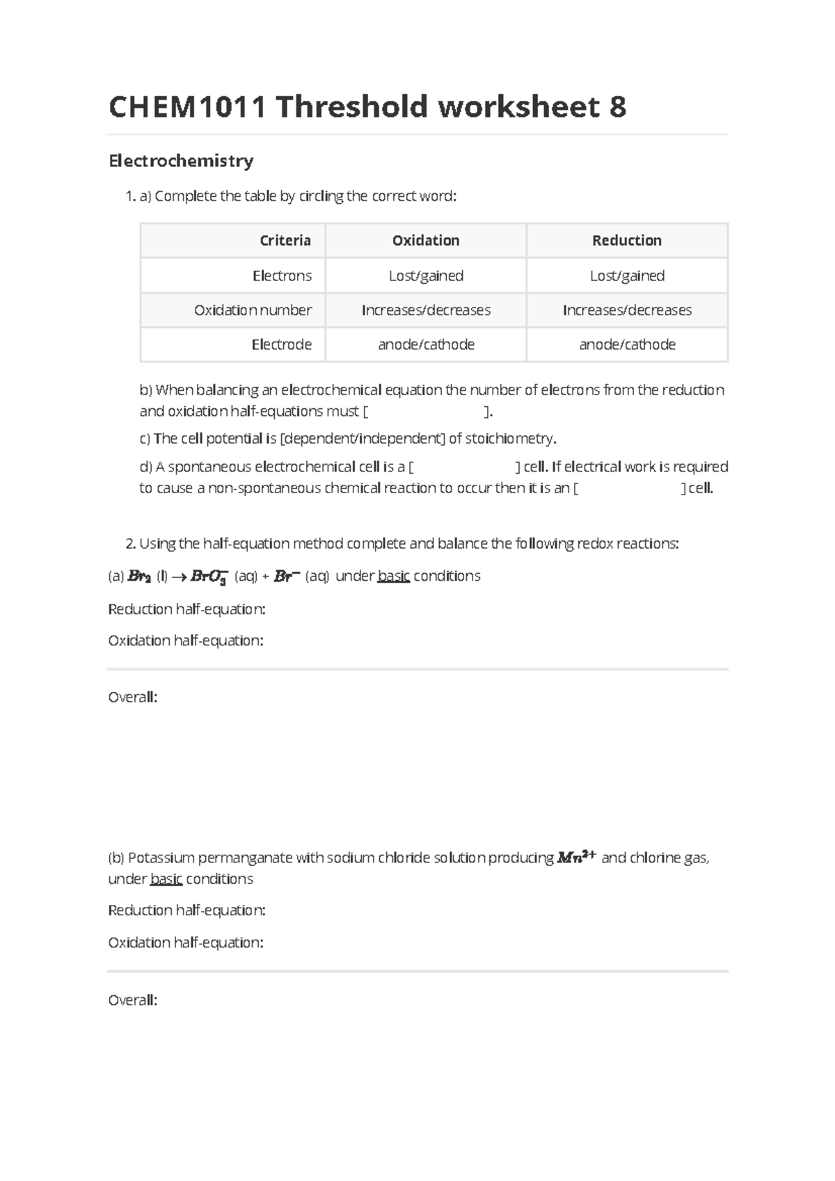 Worksheet 8 Electrochemistry CHEM1011 Threshold worksheet 8