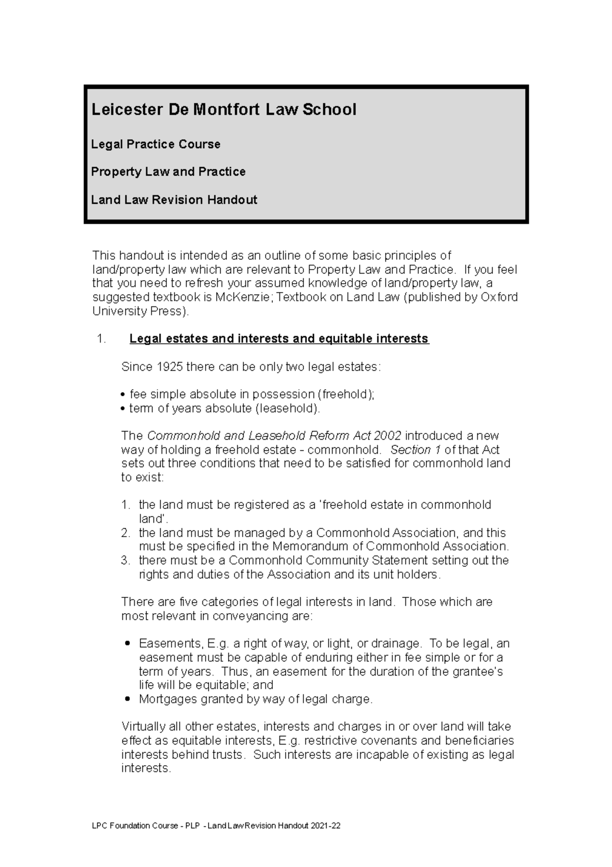 Land Law Revision Summary Leicester De Montfort Law School Legal