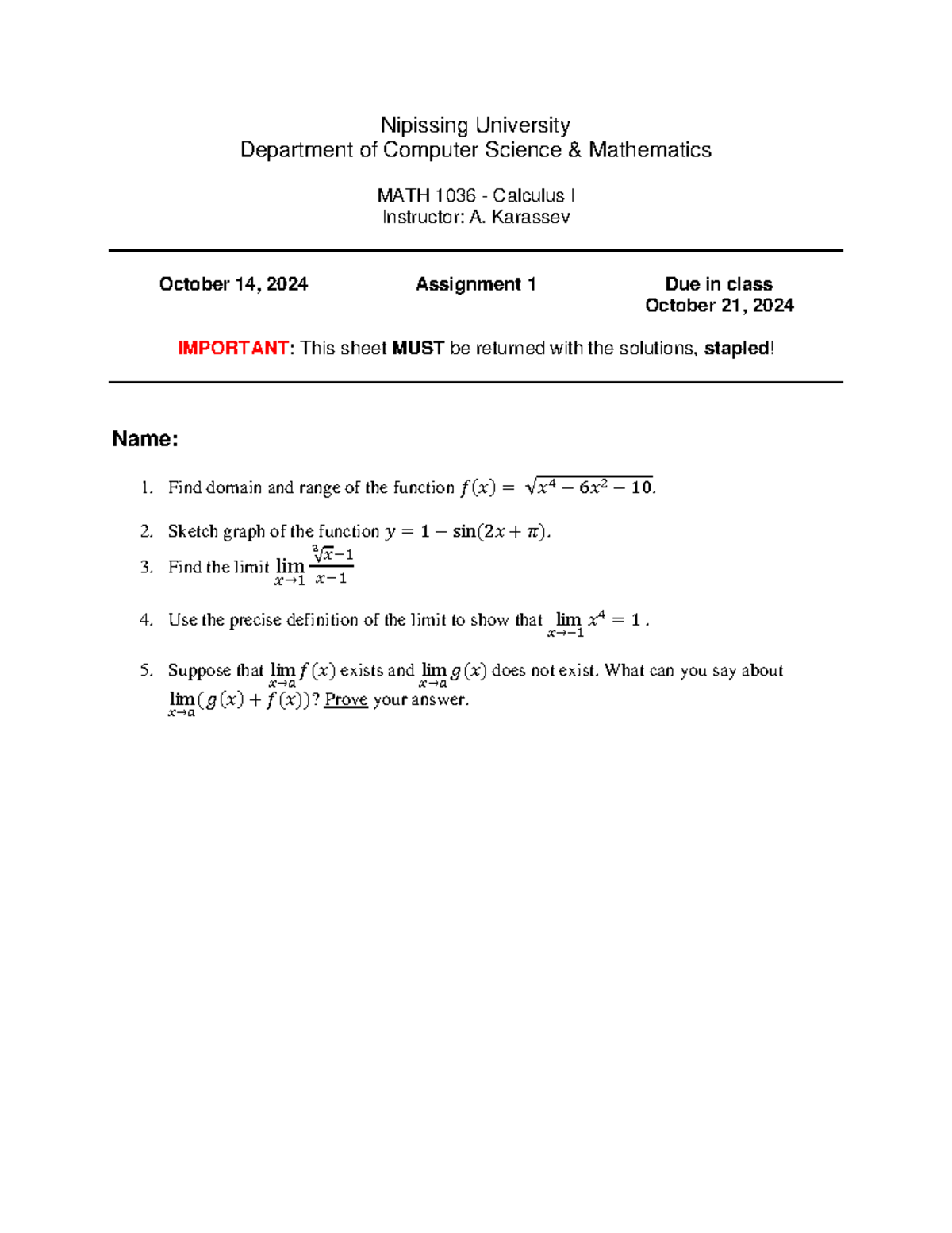 Assignment 1 Sample paper of exam Nipissing University Department
