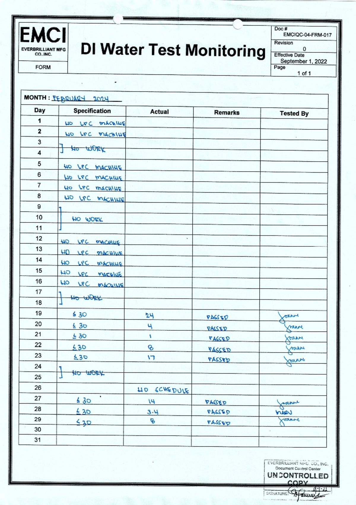 DI water test monitoring - Doc EMCI Revision EVERBRILLIANT MFG DI Water ...