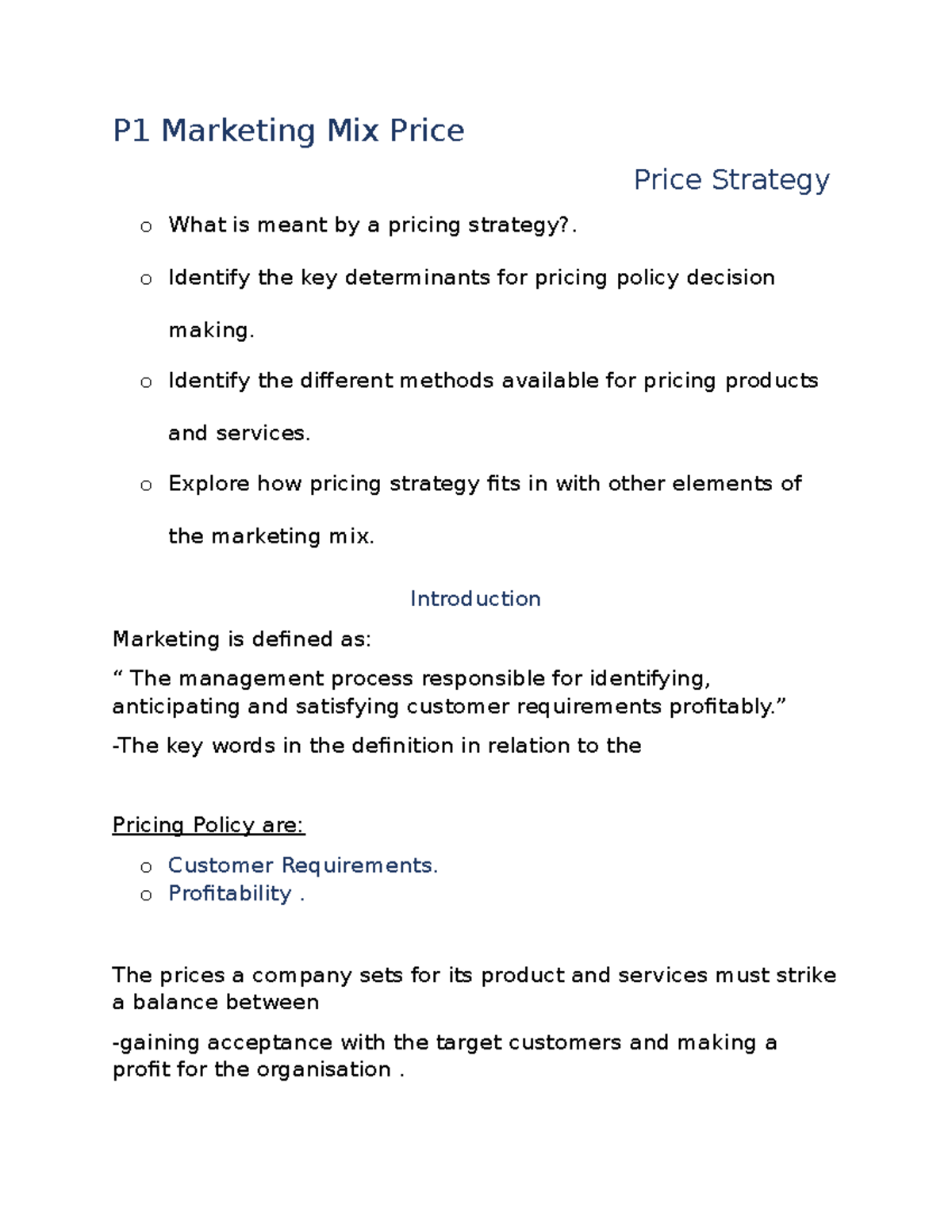 P1 Marketing Mix Price - P1 Marketing Mix Price Price Strategy o What ...