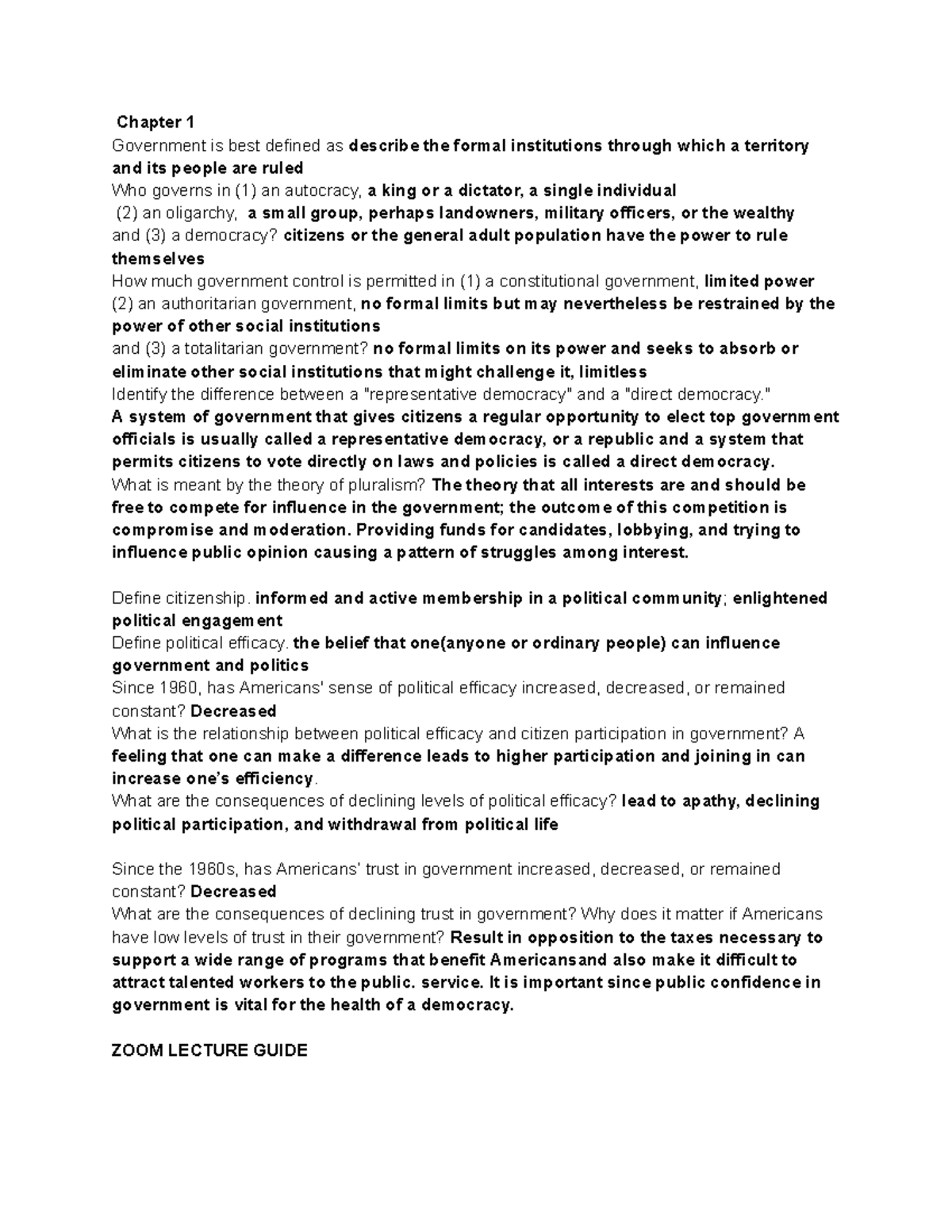 Pos 100 - politics - Chapter 1 Government is best defined as describe ...