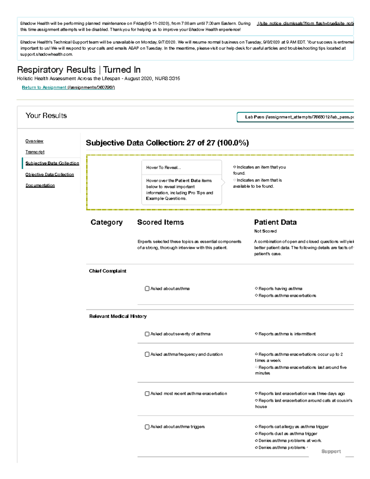 Respiratory Completed Shadow Health Respiratory Results Turned In Holistic Health Assessment Across The Lifespan August Nurs 3315 Return To Assignment Studocu