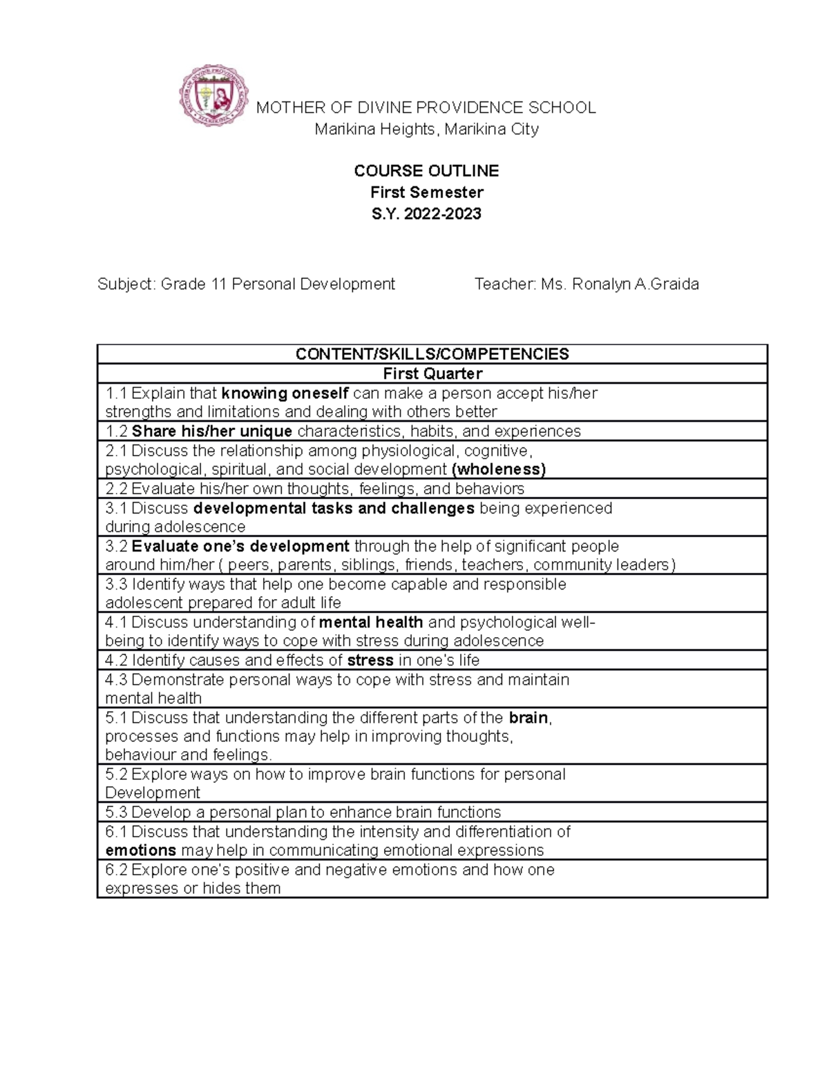CO-Personal Development- Gr.11-1st Sem - MOTHER OF DIVINE PROVIDENCE ...