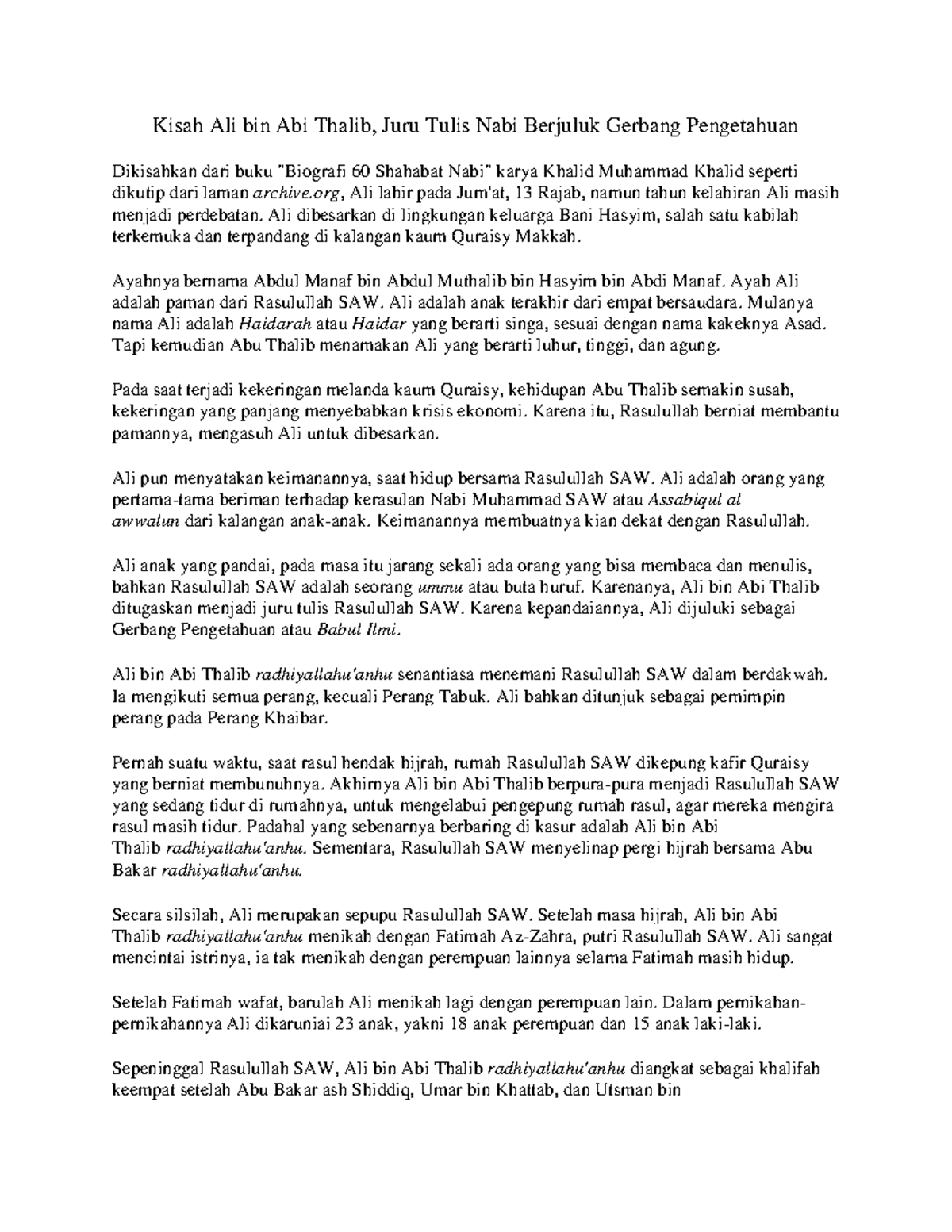 Kisah Ali Bin Abi Tholib Kisah Ali bin Abi Thalib, Juru Tulis Nabi