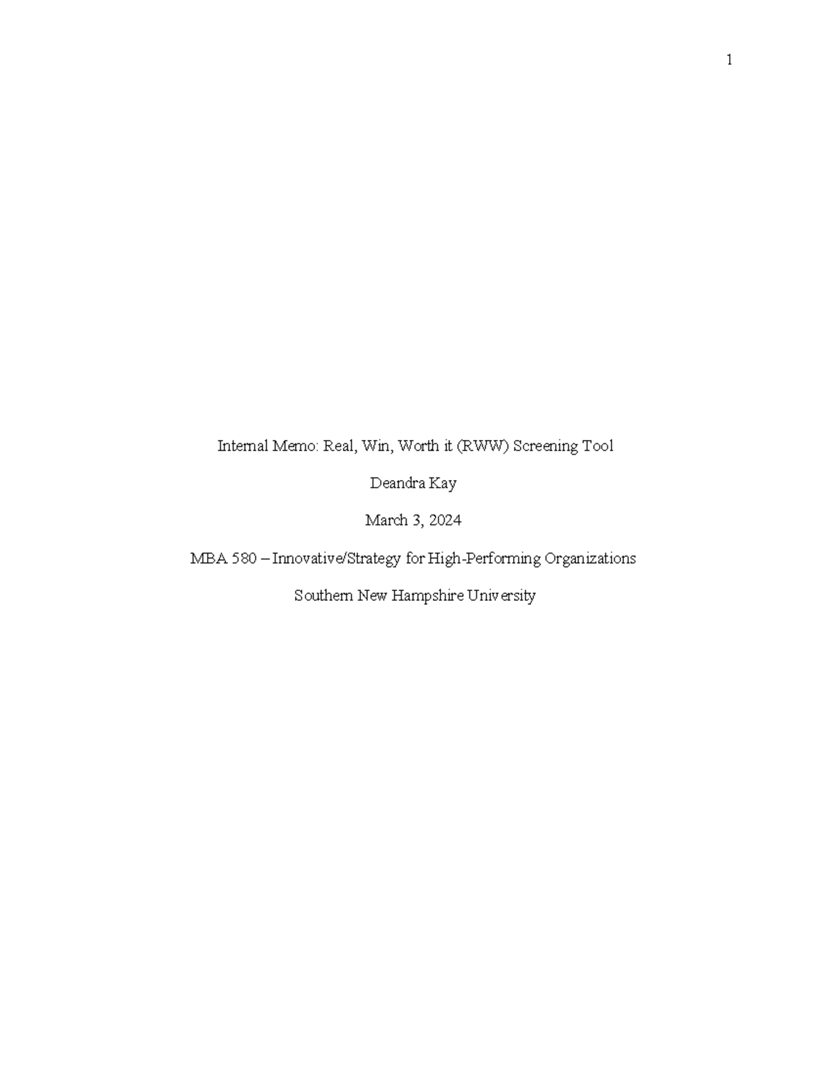 Module One Internal Memo - RWW Screening Tool - Internal Memo: Real ...