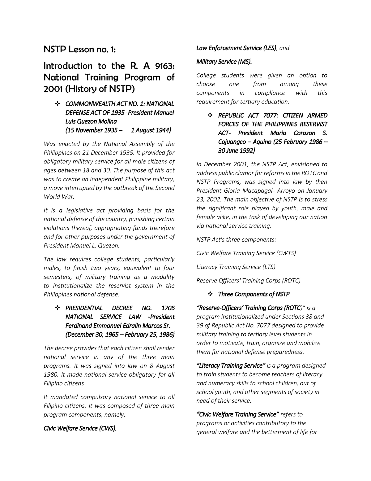 NSTP- Midterm- Reviewer - NSTP Lesson No. 1: Introduction To The R. A ...