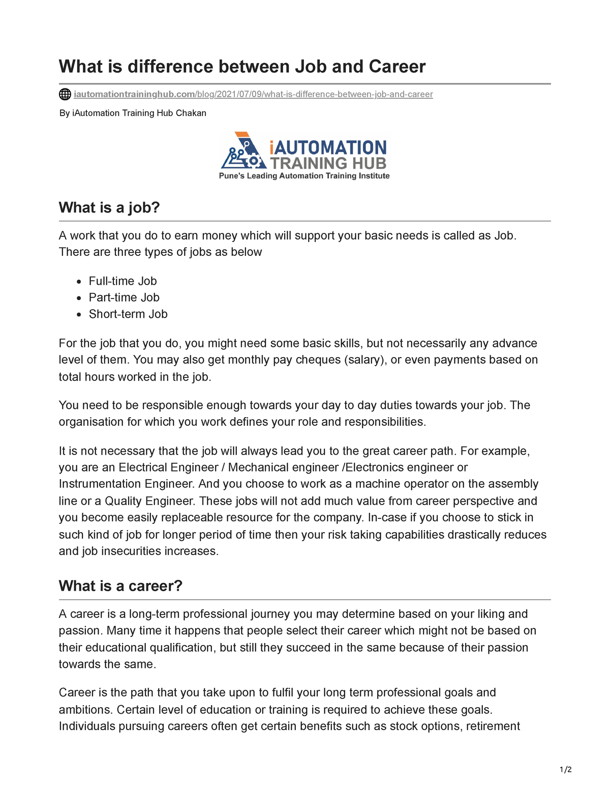 iautomationtraininghub-what-is-difference-between-job-and-career