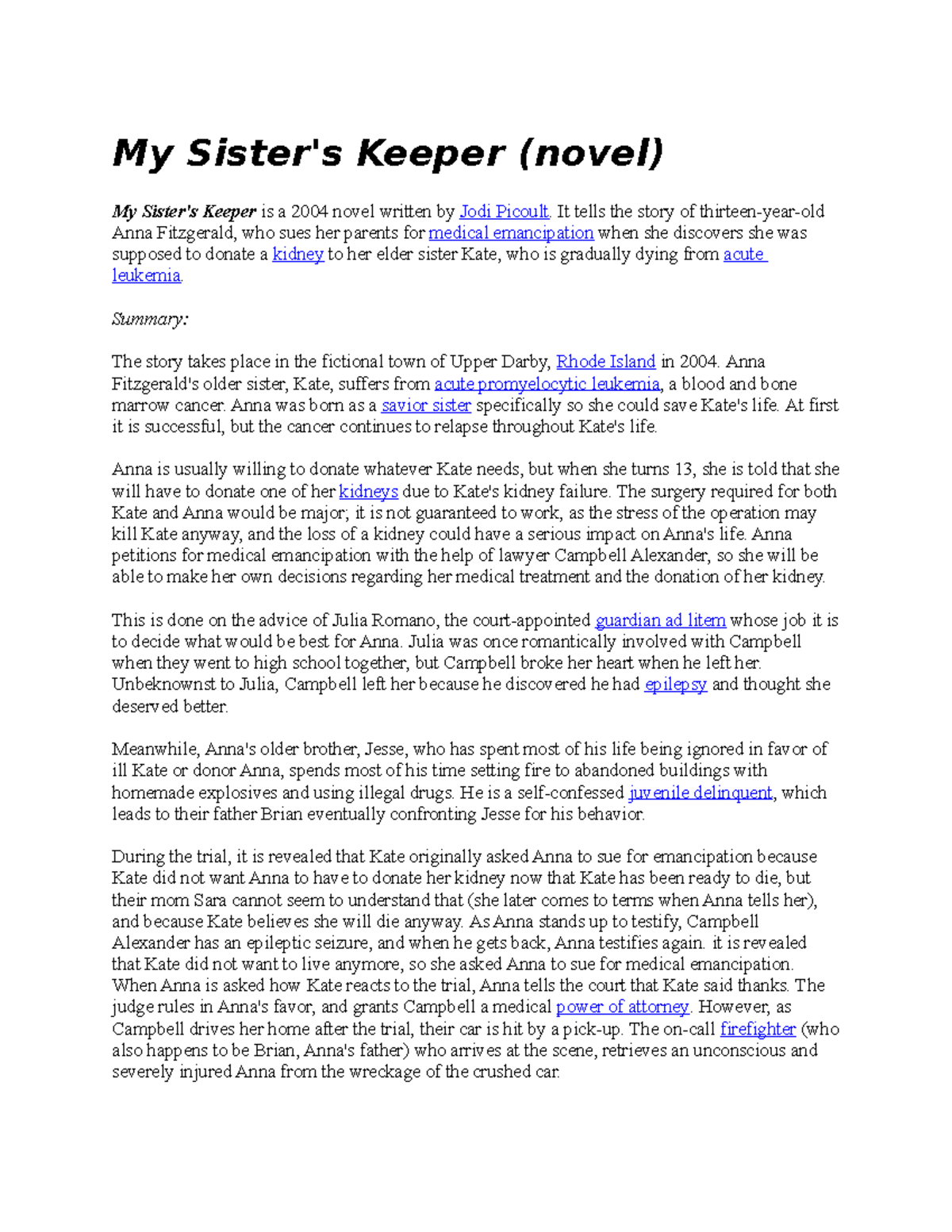 book review of my sister's keeper