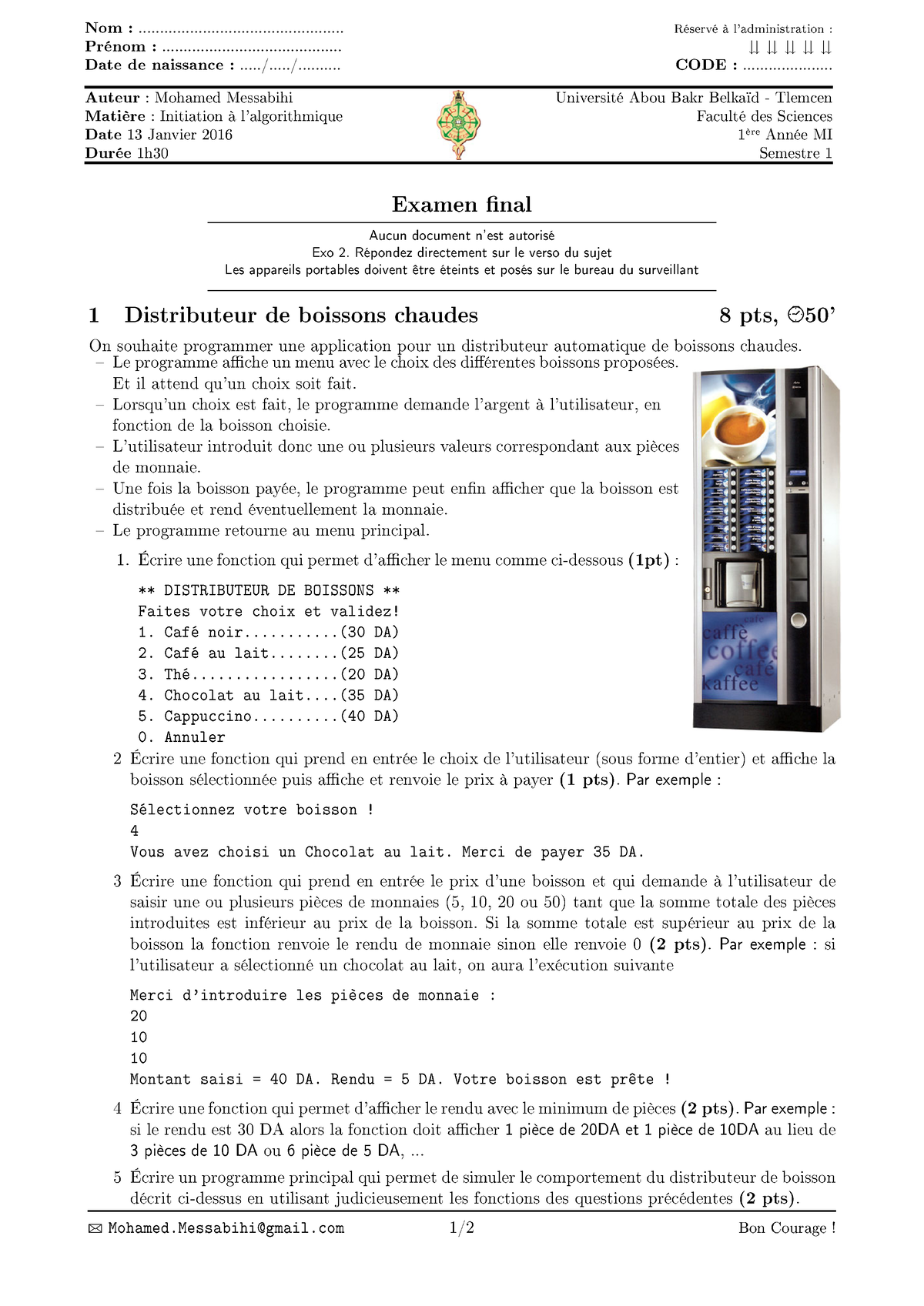 Examen Algorithmique Corrige 4 L1 Mi - Nom