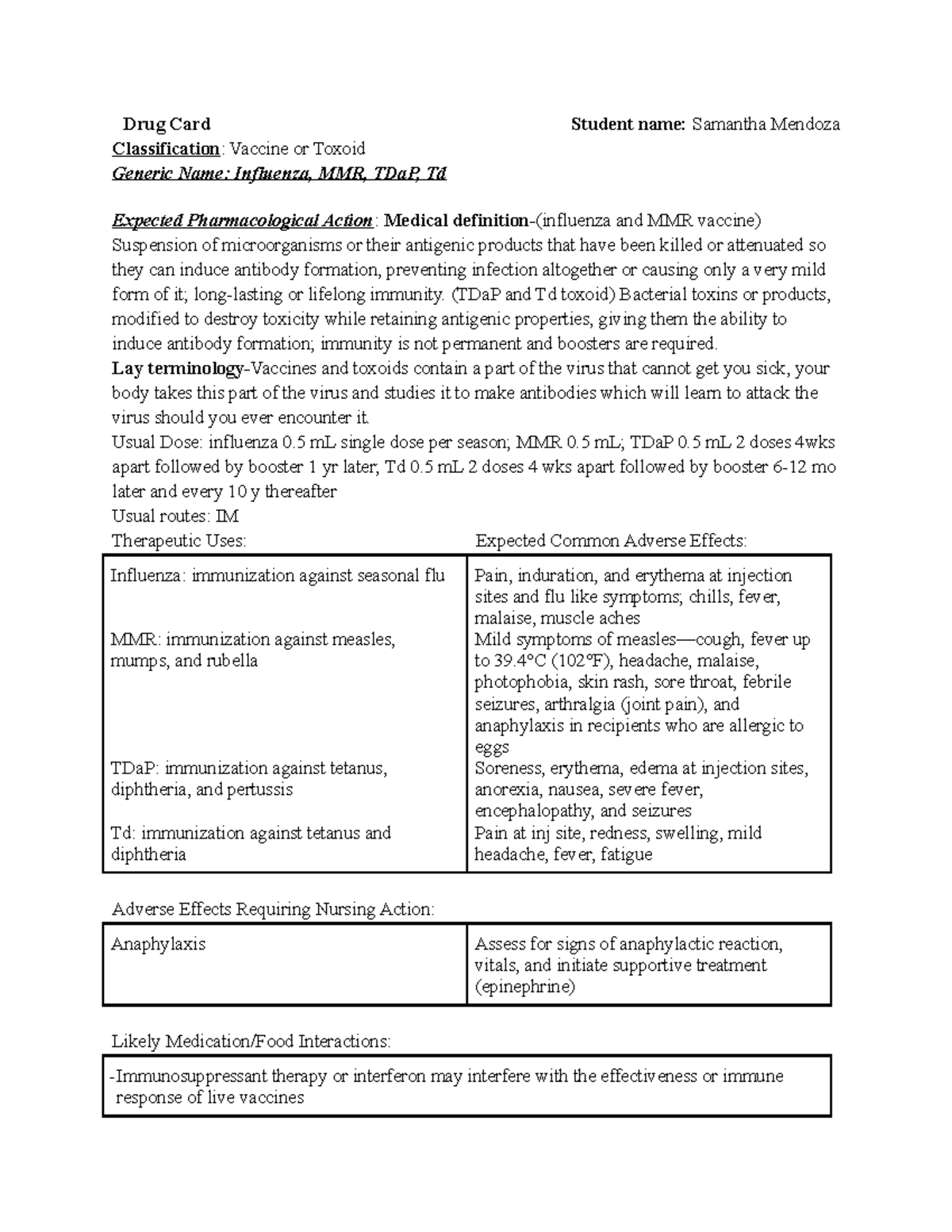 Influenza, MMR, TDa P, Td - Drug Card Student name: Samantha Mendoza ...