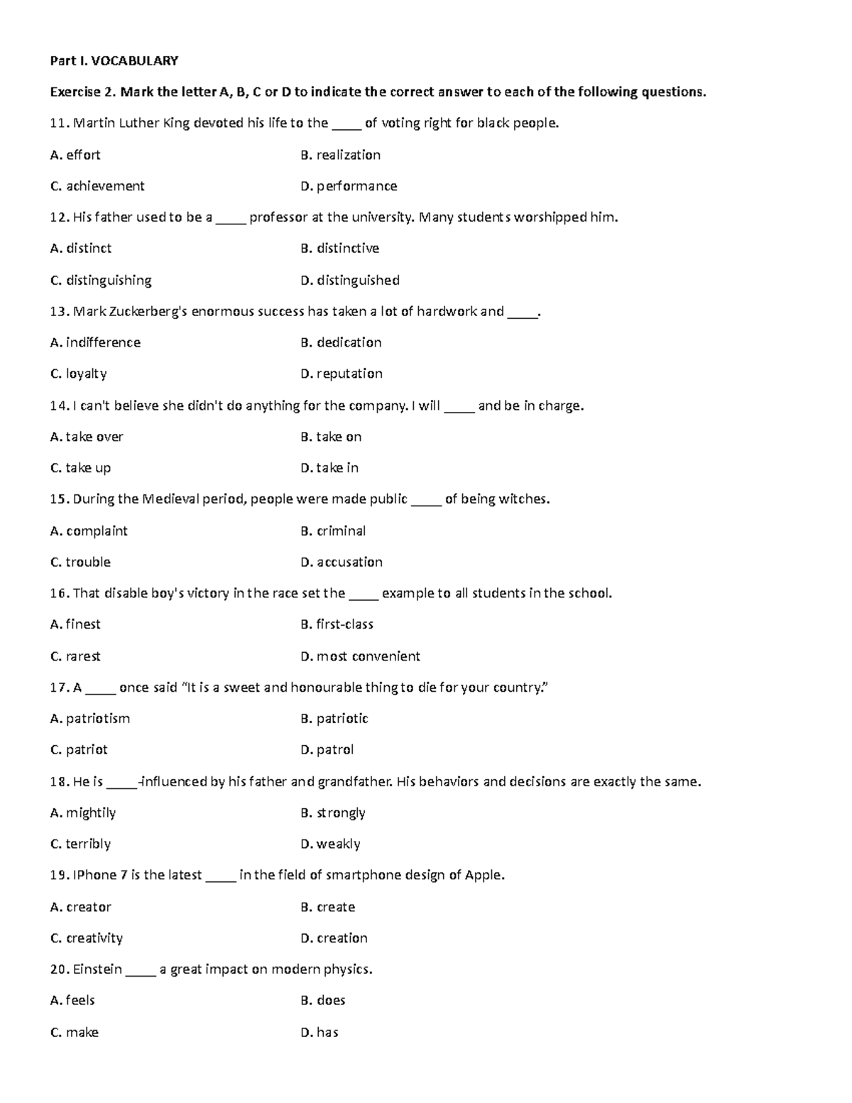 Excersie unit 1 - dfefr - Part I. VOCABULARY Exercise 2. Mark the ...