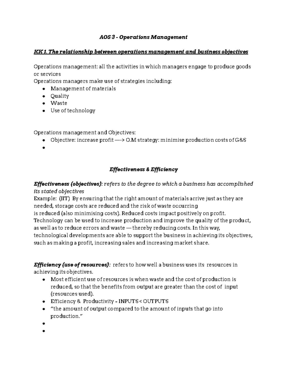 Business Management U3AOS3 notes - AOS 3 - Operations Management KK 1 ...