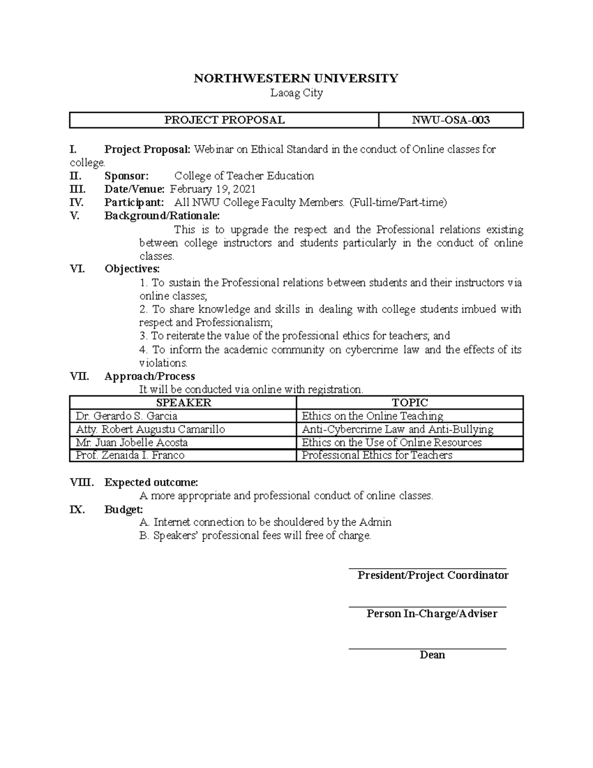 ProjectProposal2 Sample proposal NORTHWESTERN UNIVERSITY Laoag