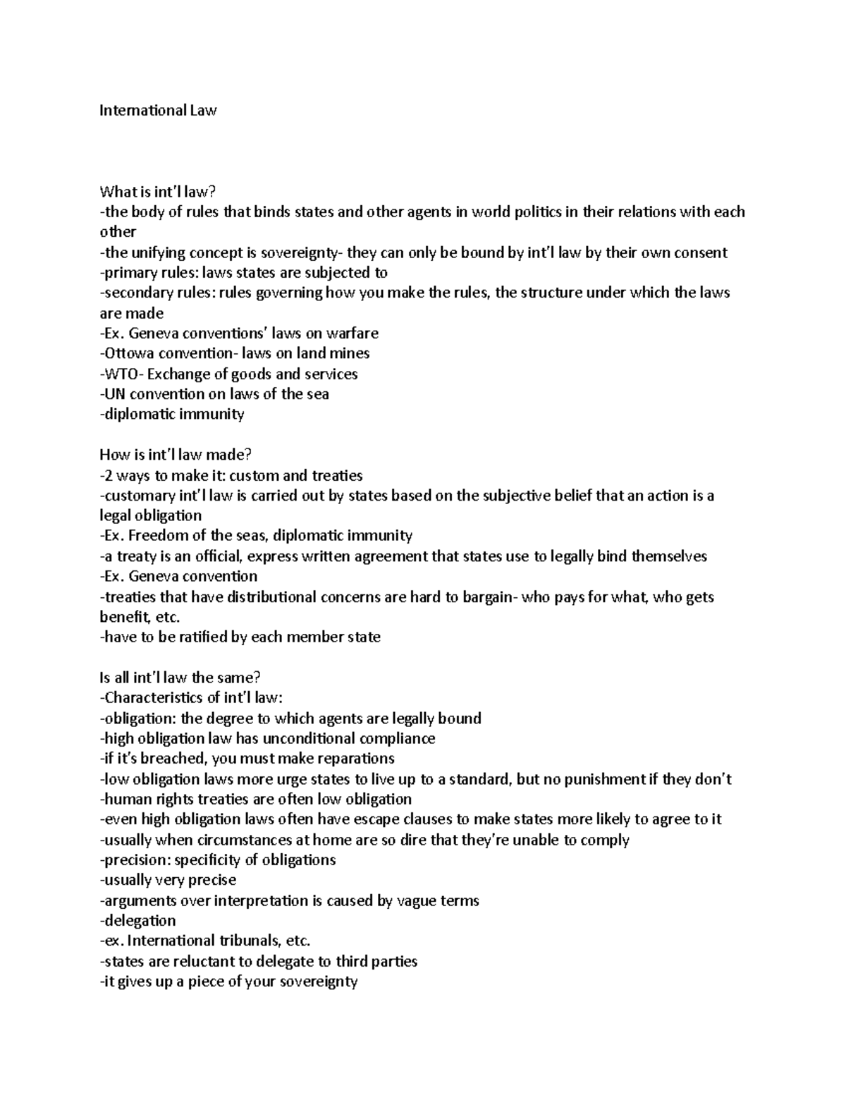 International Law - Class notes - International Law What is int’l law ...