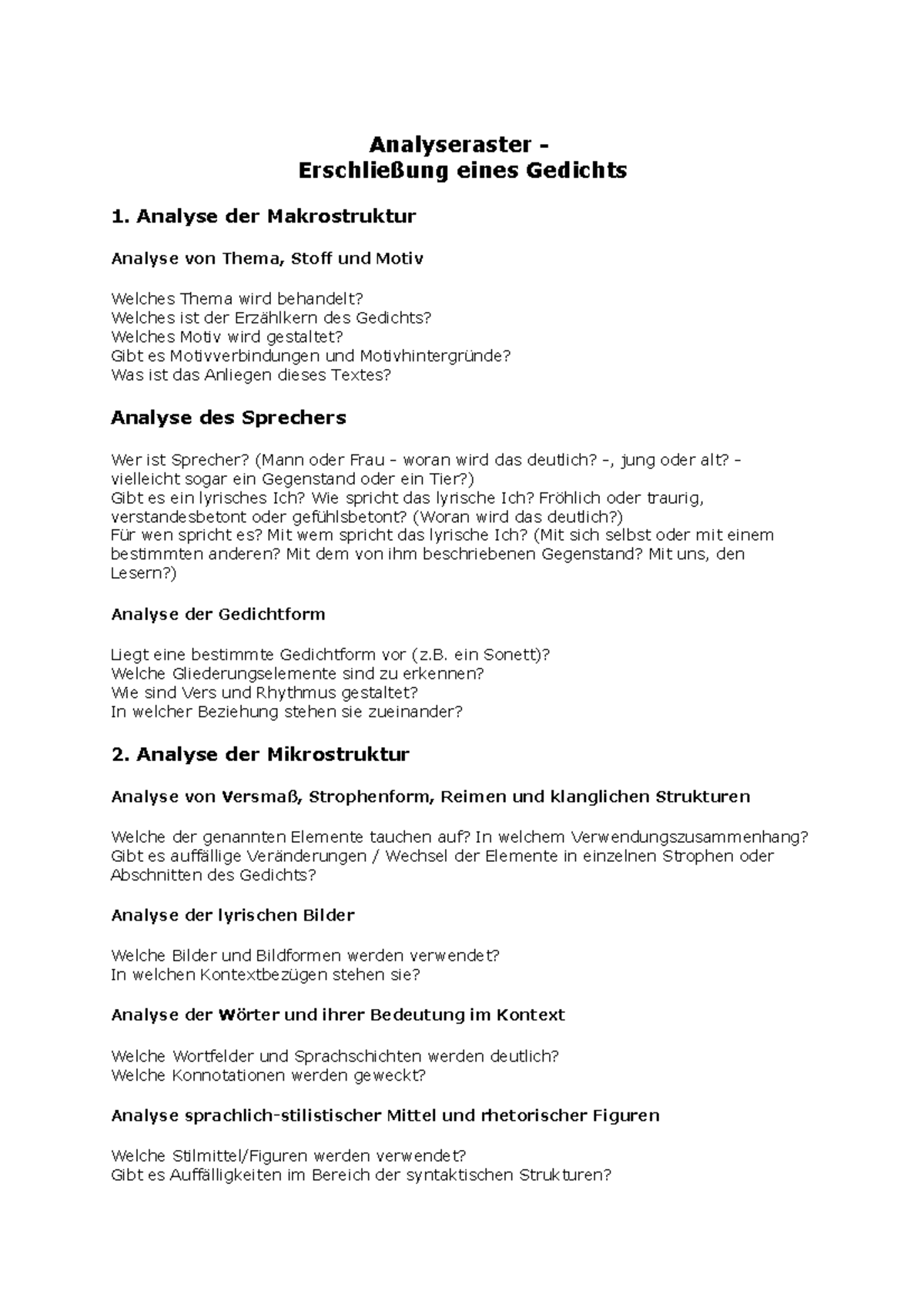 Analyseraster Lyrik - Analyseraster - Erschließung eines Gedichts 1 ...