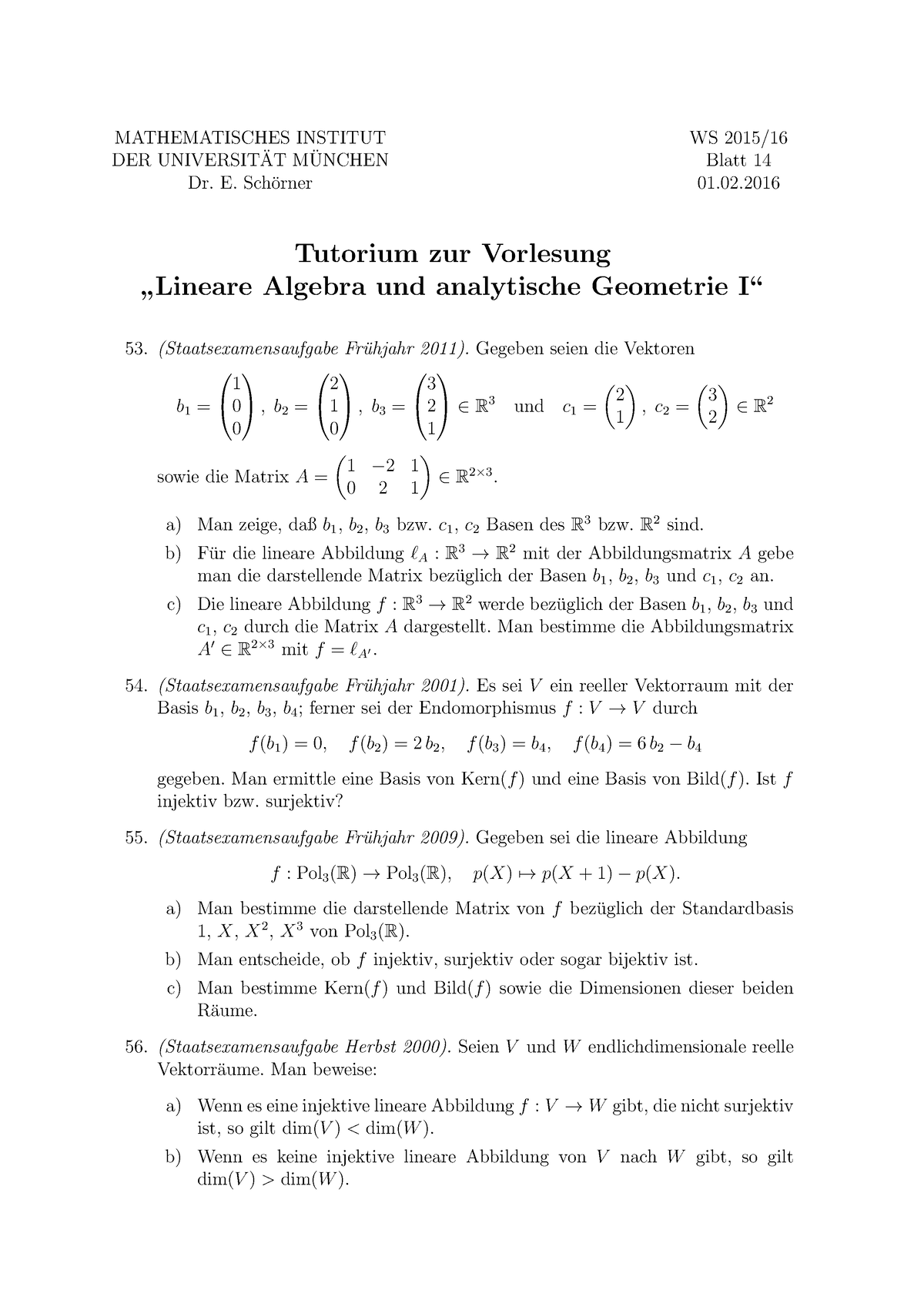 W-tut14 Lineare Algebra 1 - MATHEMATISCHES INSTITUT DER UNIVERSIT ̈AT M ...