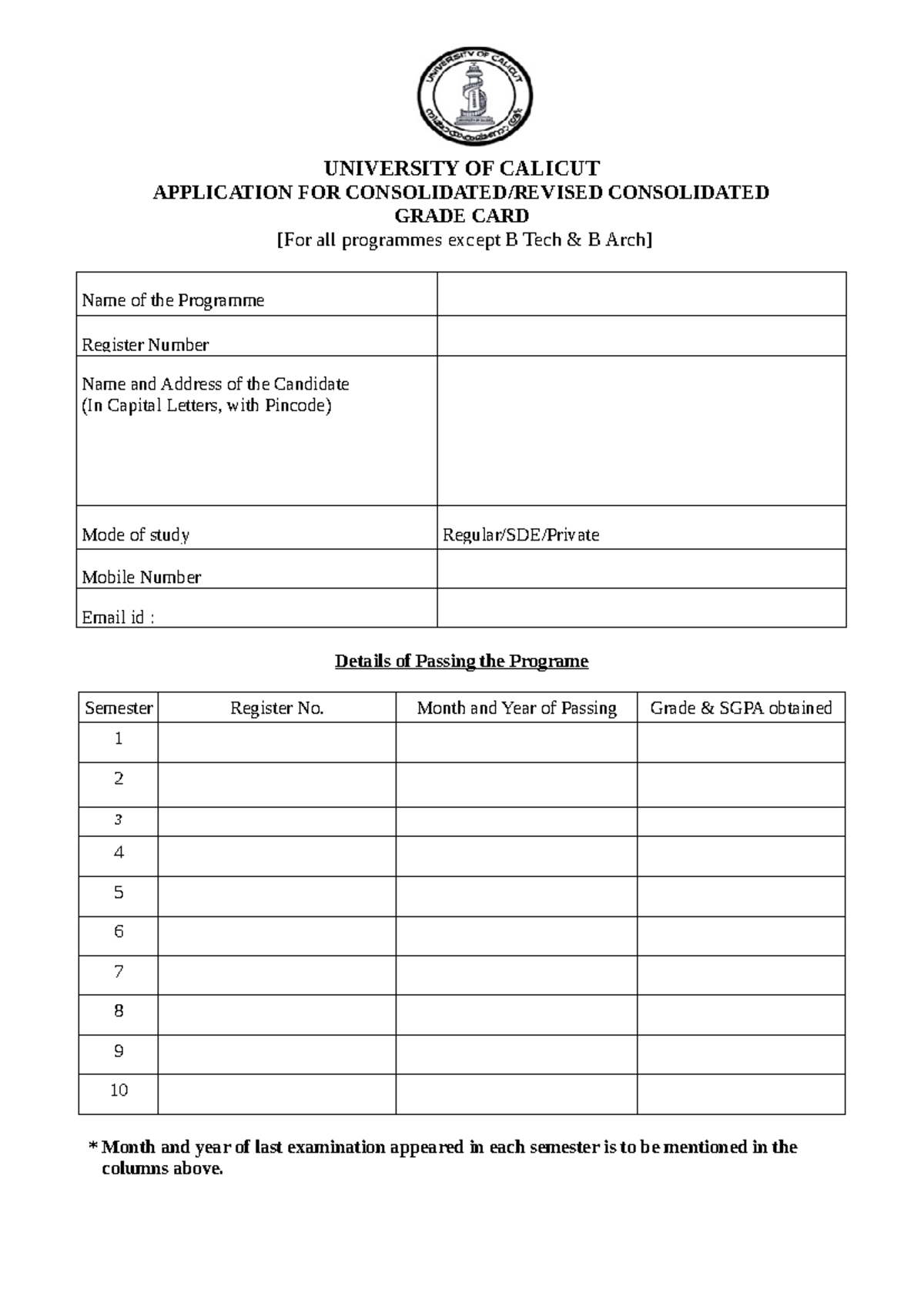 CGC - UNIVERSITY OF CALICUT APPLICATION FOR CONSOLIDATED/REVISED ...