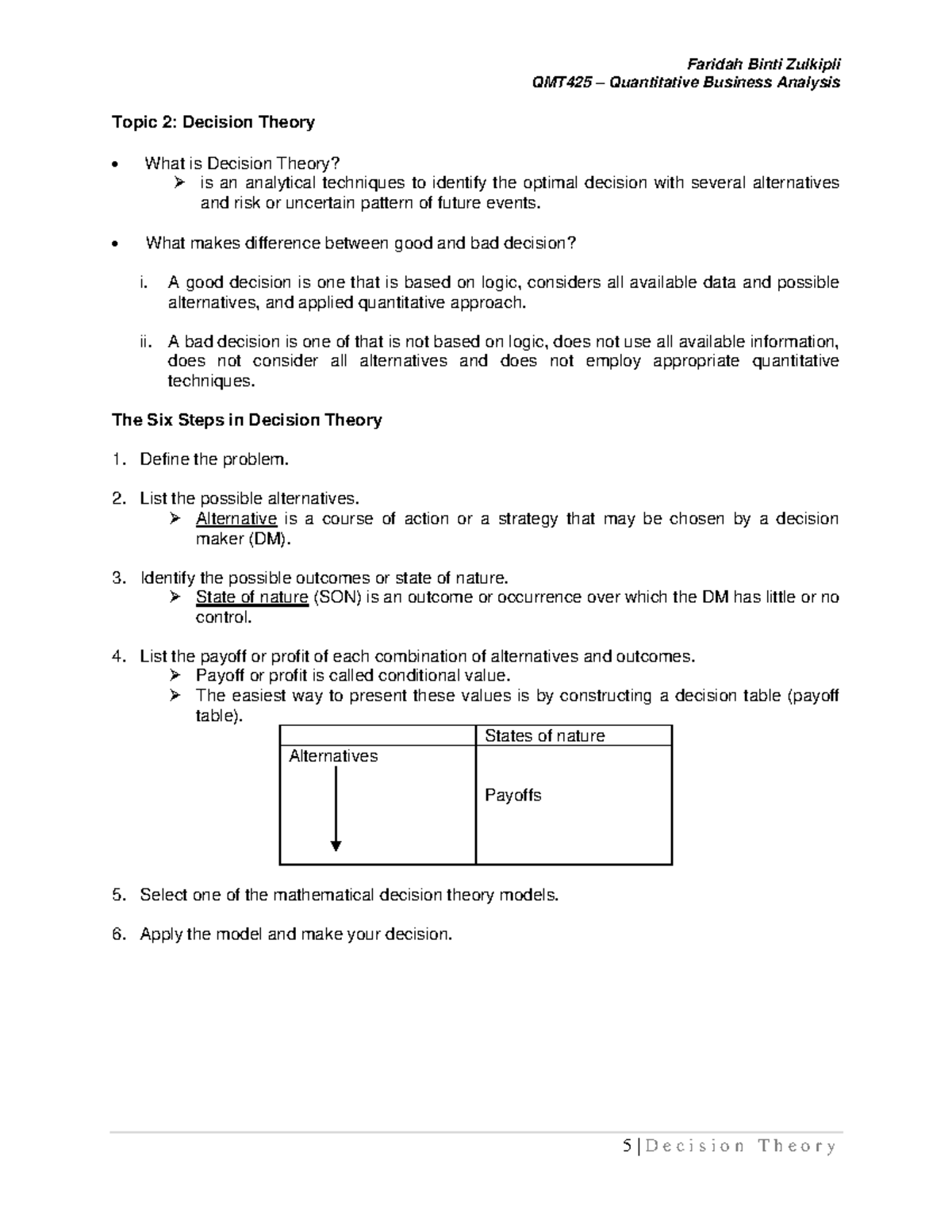 Decision Theory - QUANTITATIVE BUSINESS ANALYSIS - QMT425 ...