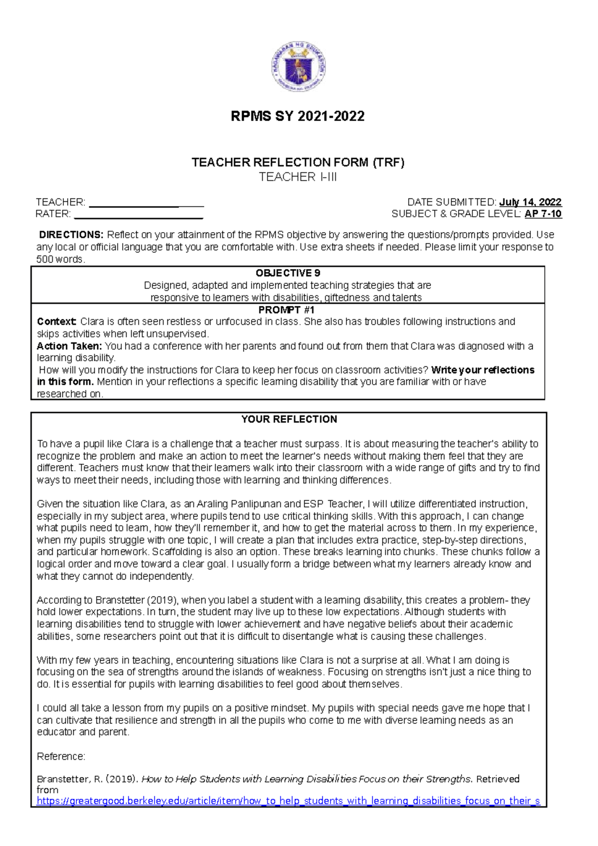 Appendix 4a Teacher Reflection Form For T I Iii For Rpms Sy 2021 2022