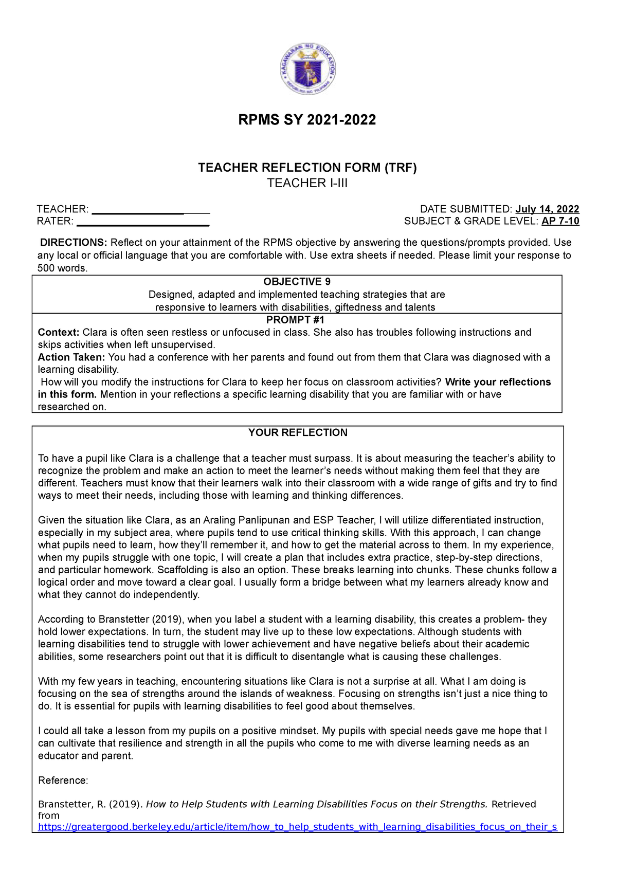 TRF MOVS FOR Objective 9 RPMS SY 2021 TEACHER REFLECTION FORM TRF 