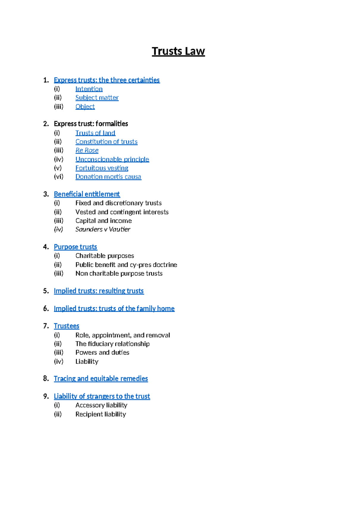 Trusts Law - truts summary - Trusts Law 1. Express trusts: the three ...