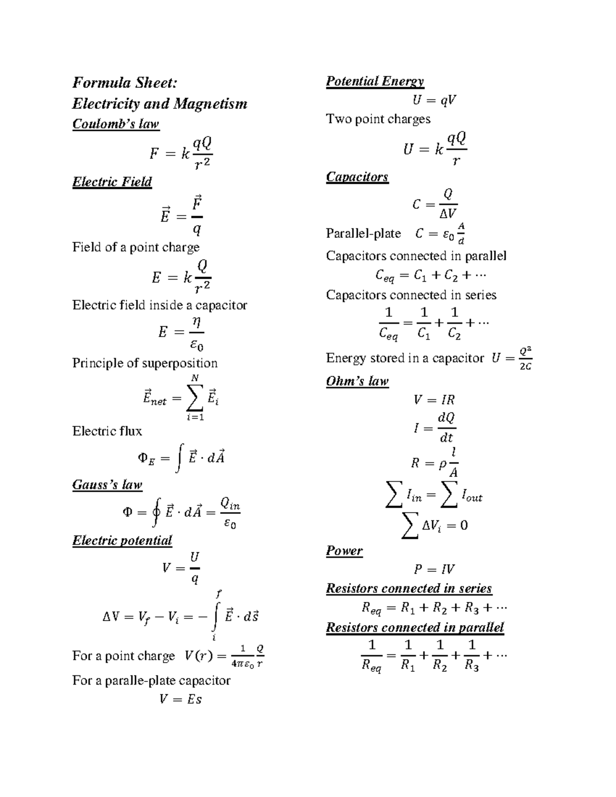 Formula Sheet Finalexam 001 - Formula Sheet: Electricity And Magnetism ...