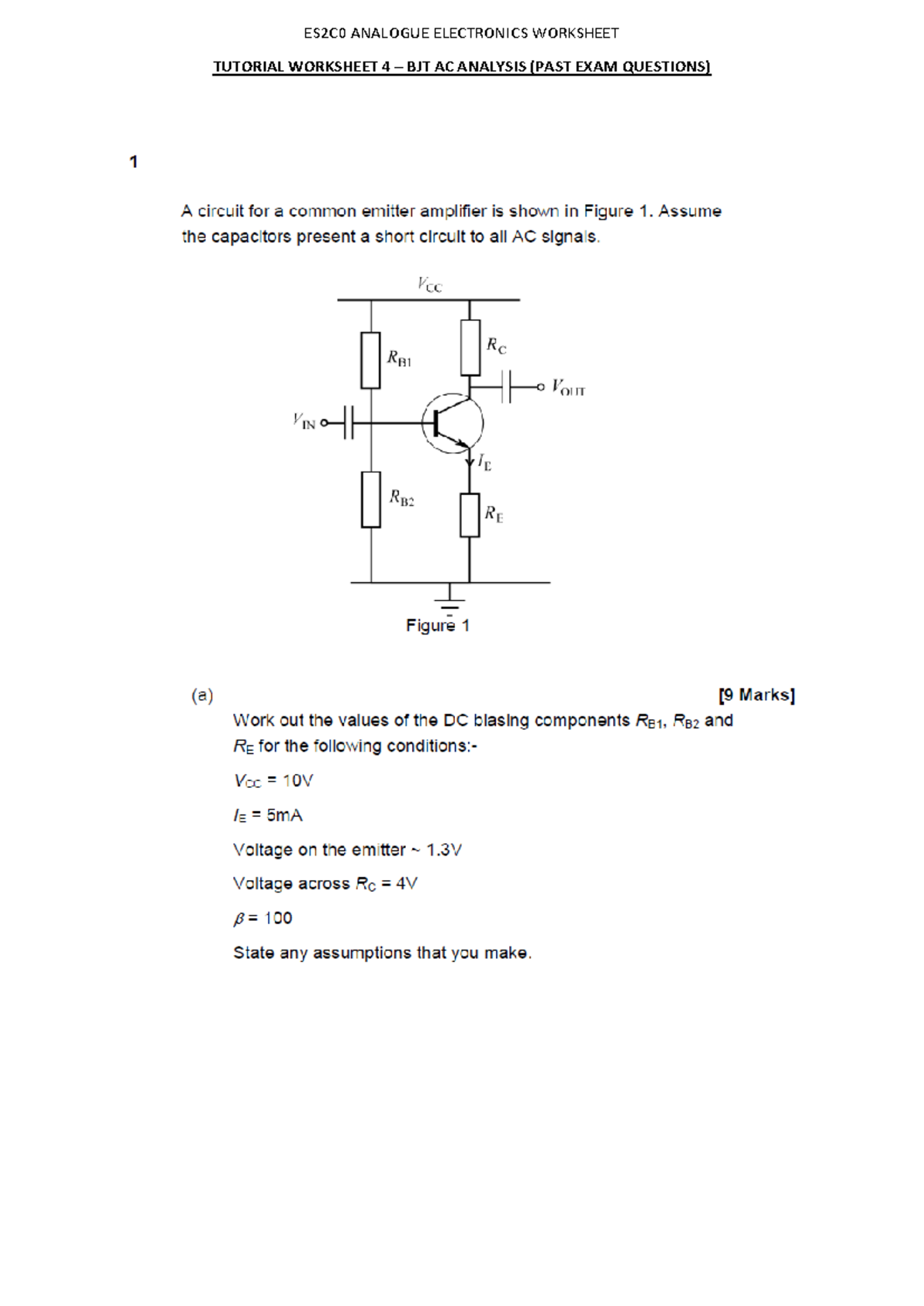 4 ES2C0 Tutorial Worksheet 4 BJT EXAM Questions - ES2c0 - TUTORIAL ...