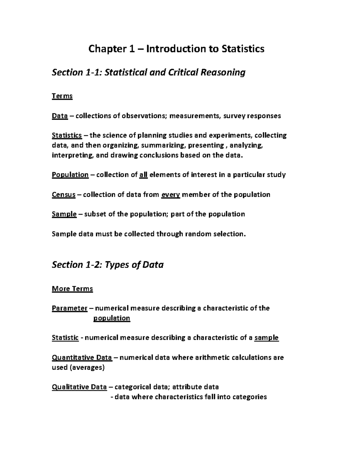 Notes Ch 1 - Chapter 1 – Introduction To Statistics Section 1-1 ...