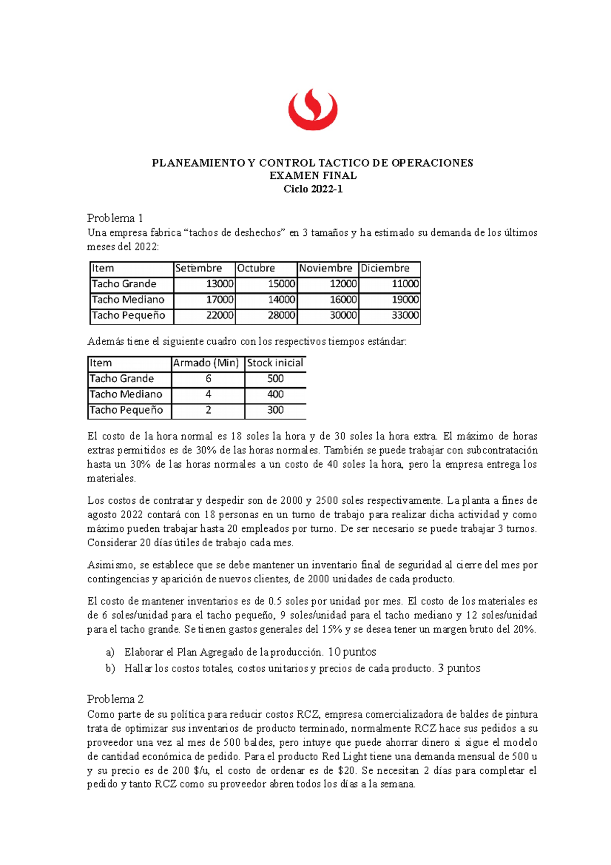II161 Examen Final PCTO 20221 A - PLANEAMIENTO Y CONTROL TACTICO DE ...