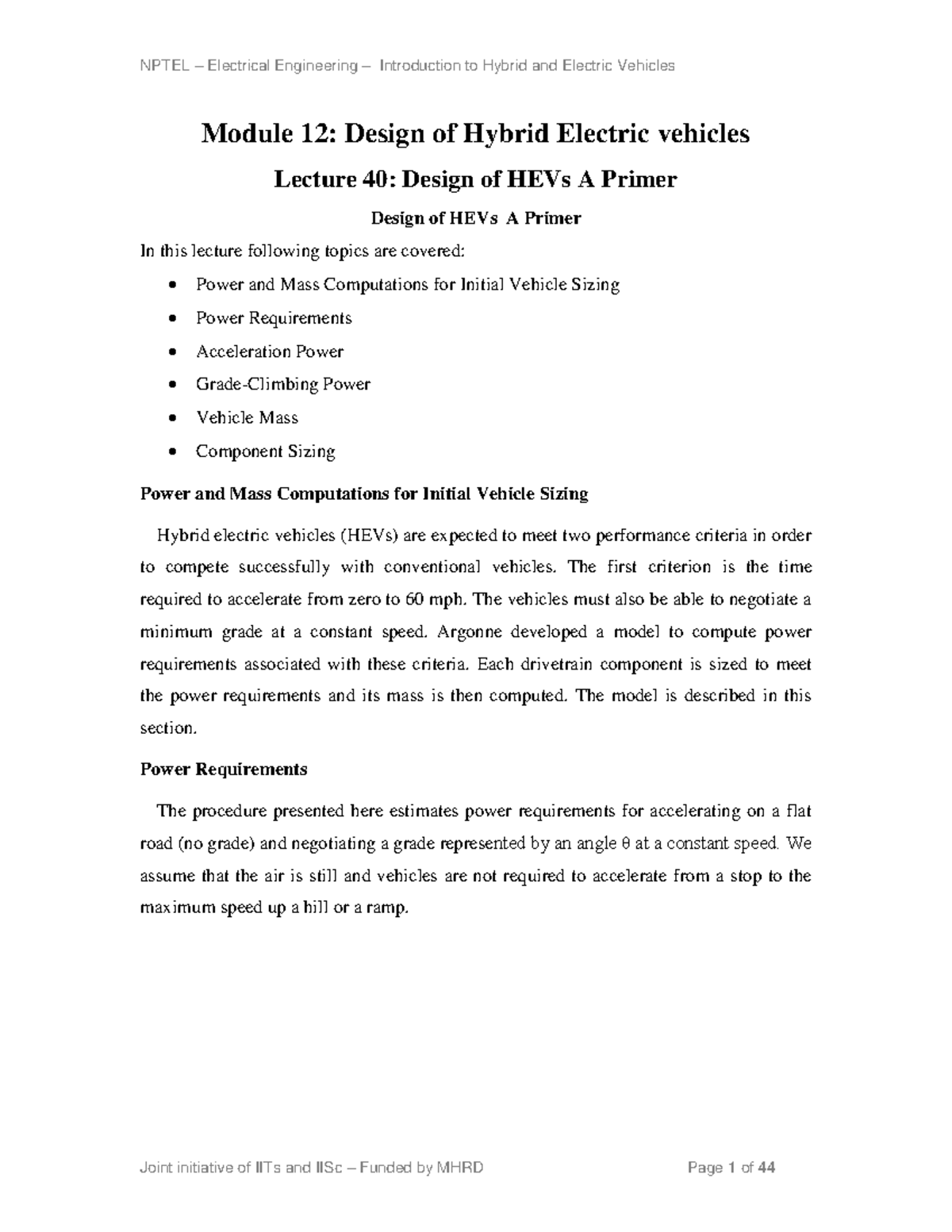 Design of Hybrid Electric vehicles Module 12 Design of Hybrid