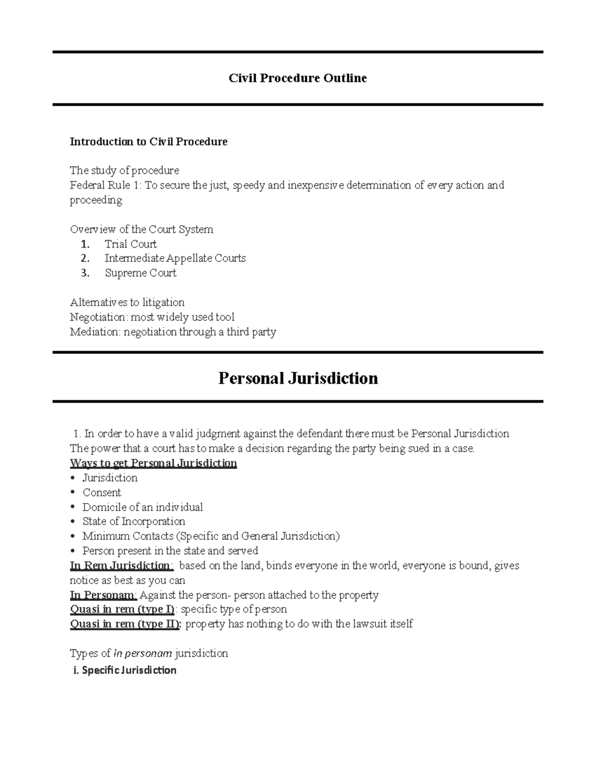 Civil Procedure outline - Civil Procedure Outline Introduction to Civil ...