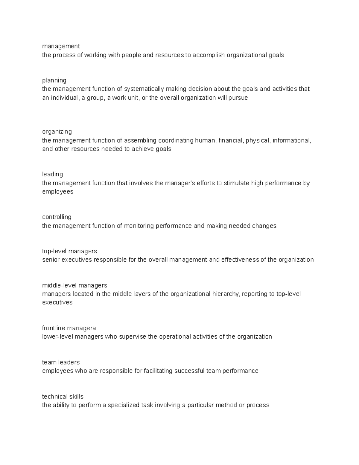 Management- Ch. 1-3 Vocabulary - management the process of working with ...